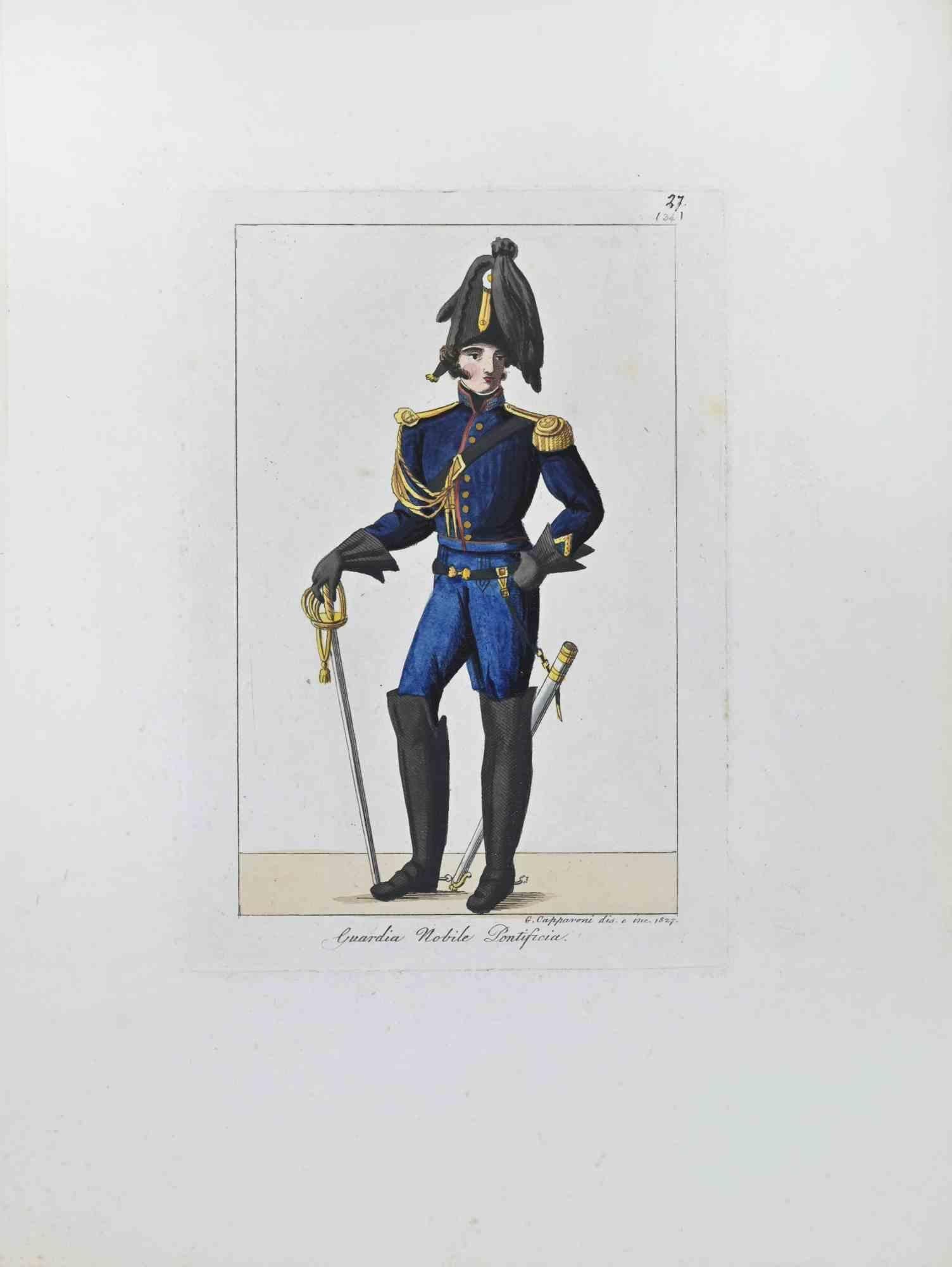 La noble garde pontificale est une œuvre d'art réalisée en 1827 par le graveur Giuseppe Capparoni (Rome 1800- 1879).

Gravure à la main sur papier ivoire. Signé sur la plaque et daté dans la marge droite. 

L'œuvre appartient à la "Gerarchia