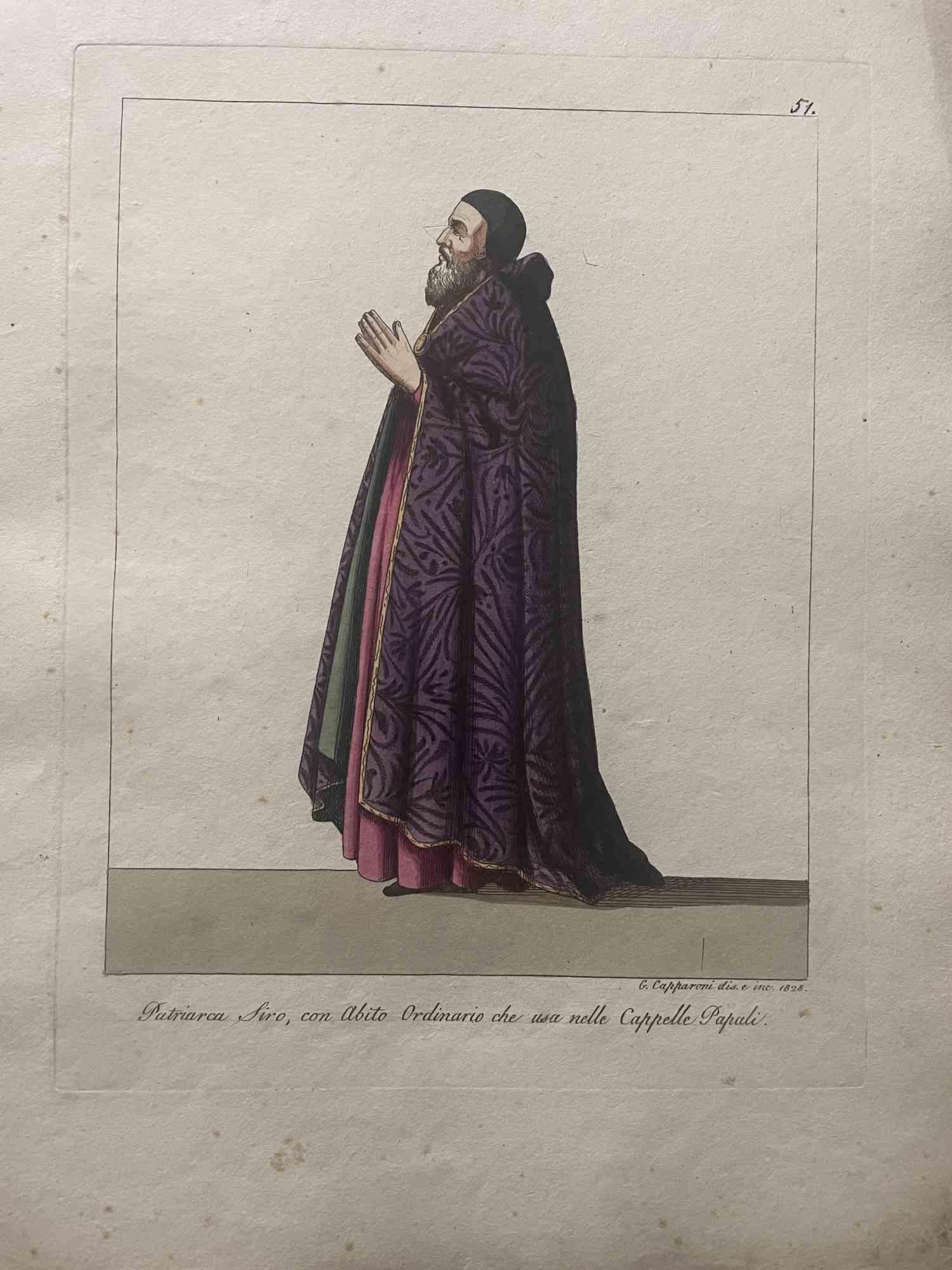 The Patriarch Siro  is an Artwork realized in 1828 by the Engraver, Giuseppe Capparoni (Rome 1800- 1879).

Etching hand colored on ivory paper. Signed on plate and dated on the right margin. 

The artwork belongs to the "Gerarchia ecclesiastica