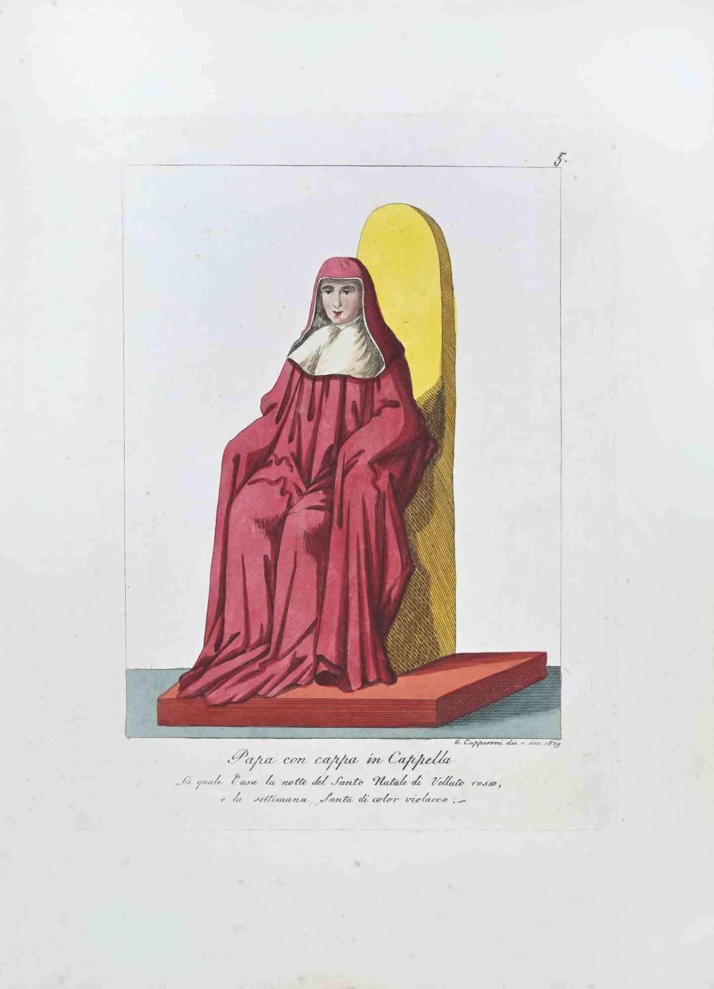 The  Pope wearing the cape in the Chapel is an Artwork realized in 1829 by the Engraver, Giuseppe Capparoni (Rome 1800- 1879).

Etching hand colored on ivory paper. Signed on plate and dated on the right margin. 

The artwork belongs to