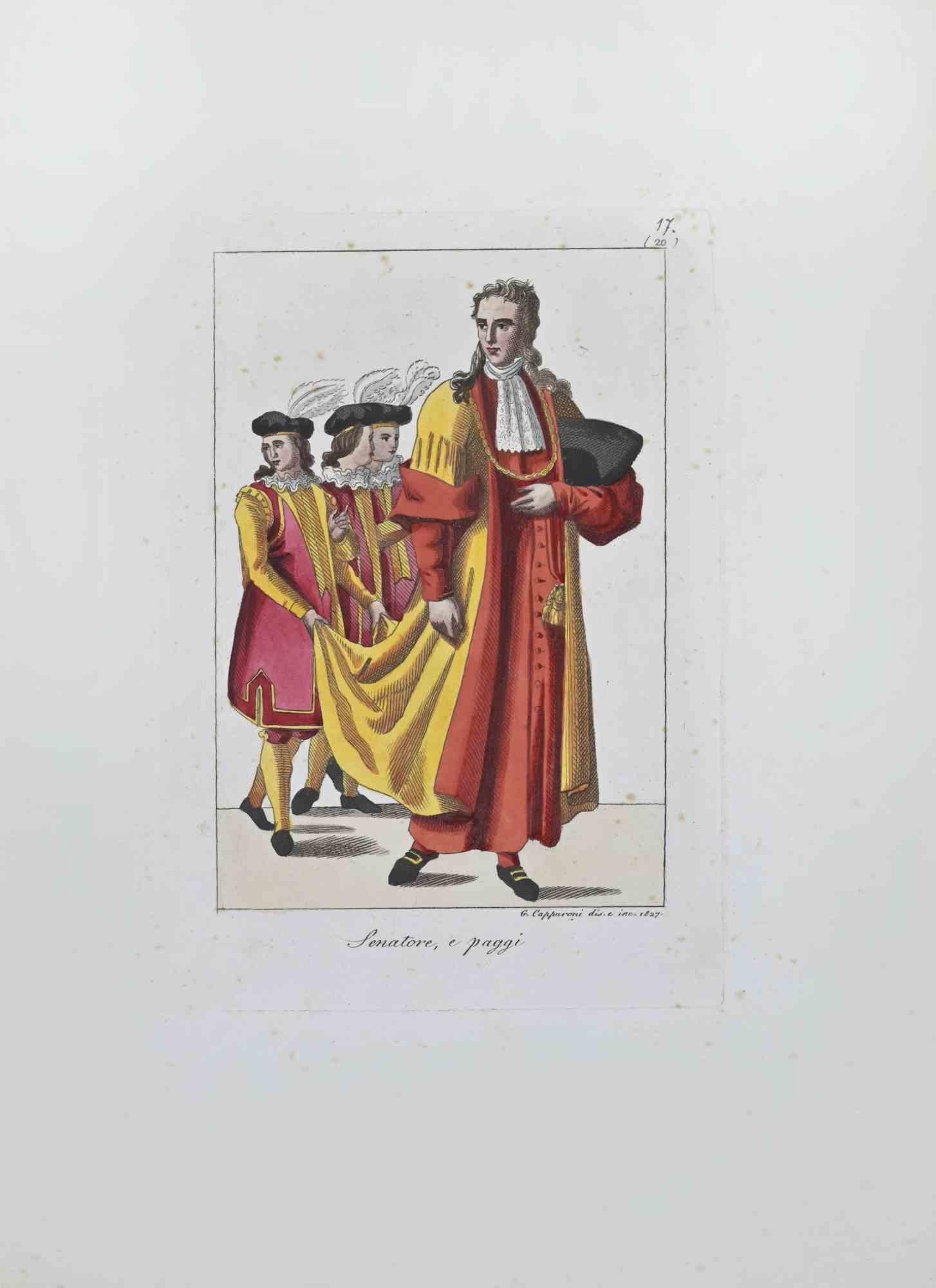 The Senator and the Pages is an Artwork realized in 1827 by the Engraver, Giuseppe Capparoni (Rome 1800- 1879).

Etching hand colored on ivory paper. Signed on plate and dated on the right margin. 

The artwork belongs to the "Gerarchia