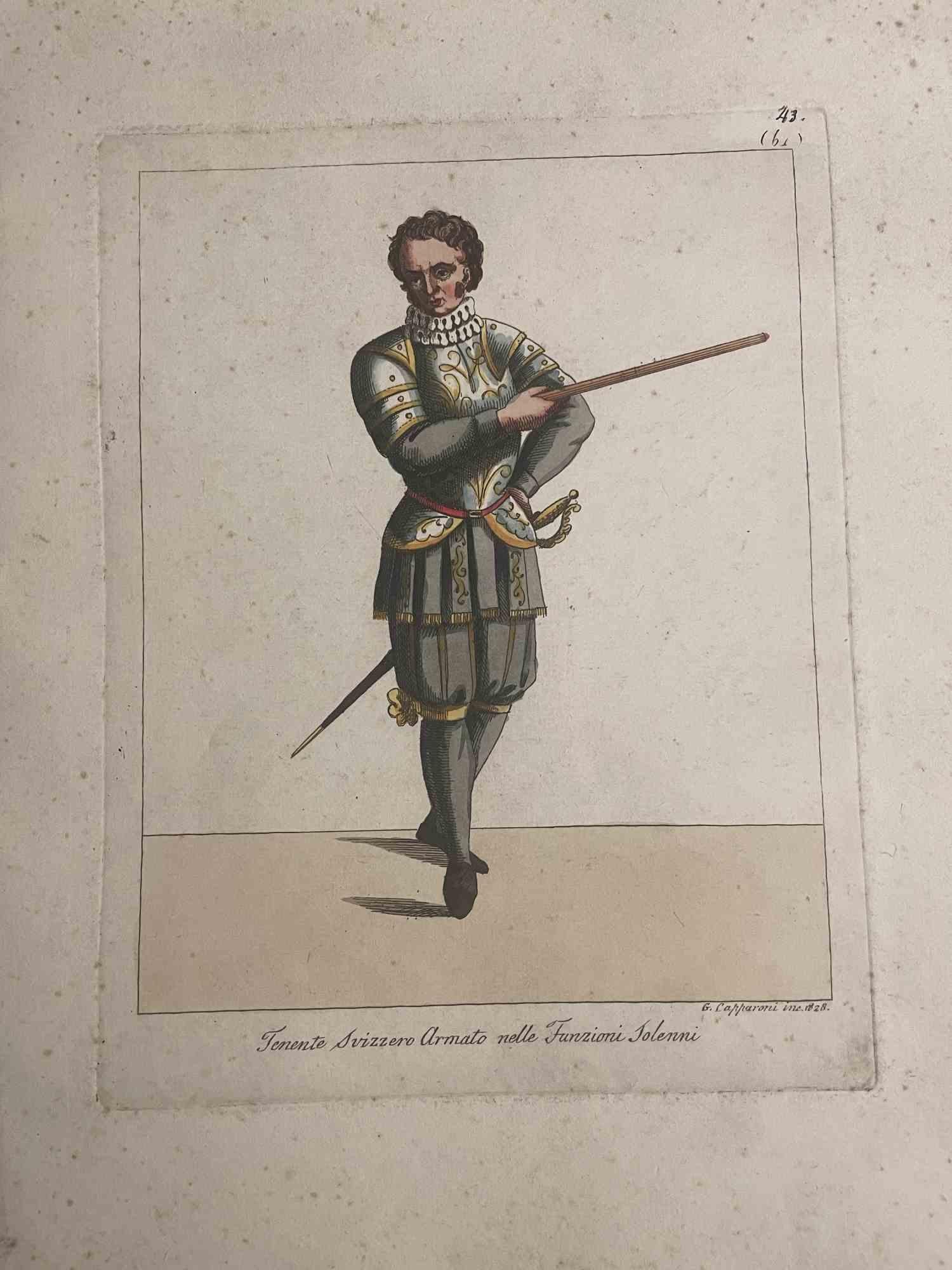 The Swiss  Lieutenant is an Artwork realized in 1828 by the Engraver, Giuseppe Capparoni (Rome 1800- 1879).

Etching hand colored on ivory paper. Signed on plate and dated on the right margin. 

The artwork belongs to the "Gerarchia ecclesiastica