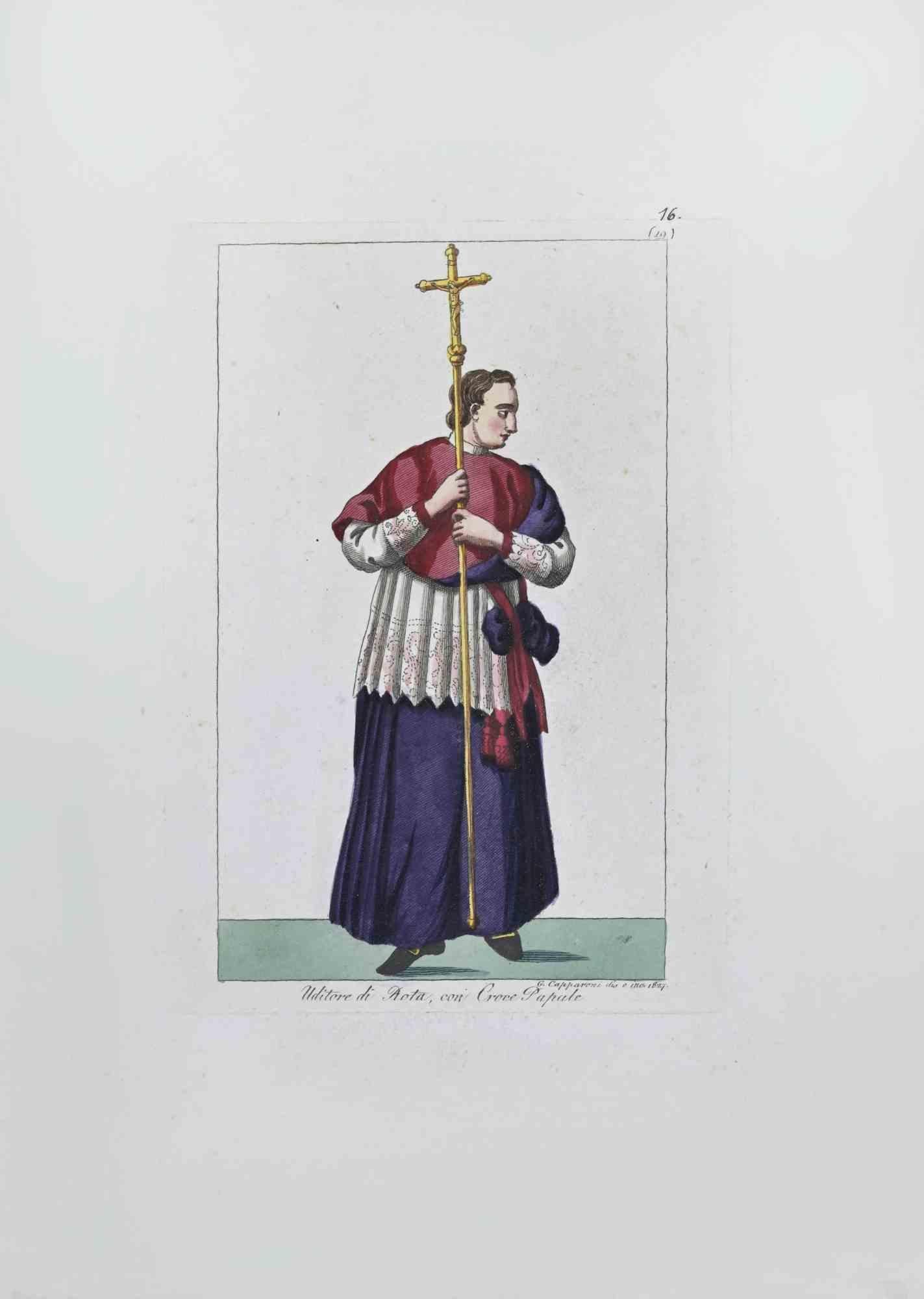 "Uditore di Rota con Croce Papale" is an Artwork realized in 1827 by the Engraver, Giuseppe Capparoni (Rome 1800- 1879).

Etching hand colored on ivory paper. Signed on plate and dated on the right margin. 

The artwork belongs to the "Gerarchia
