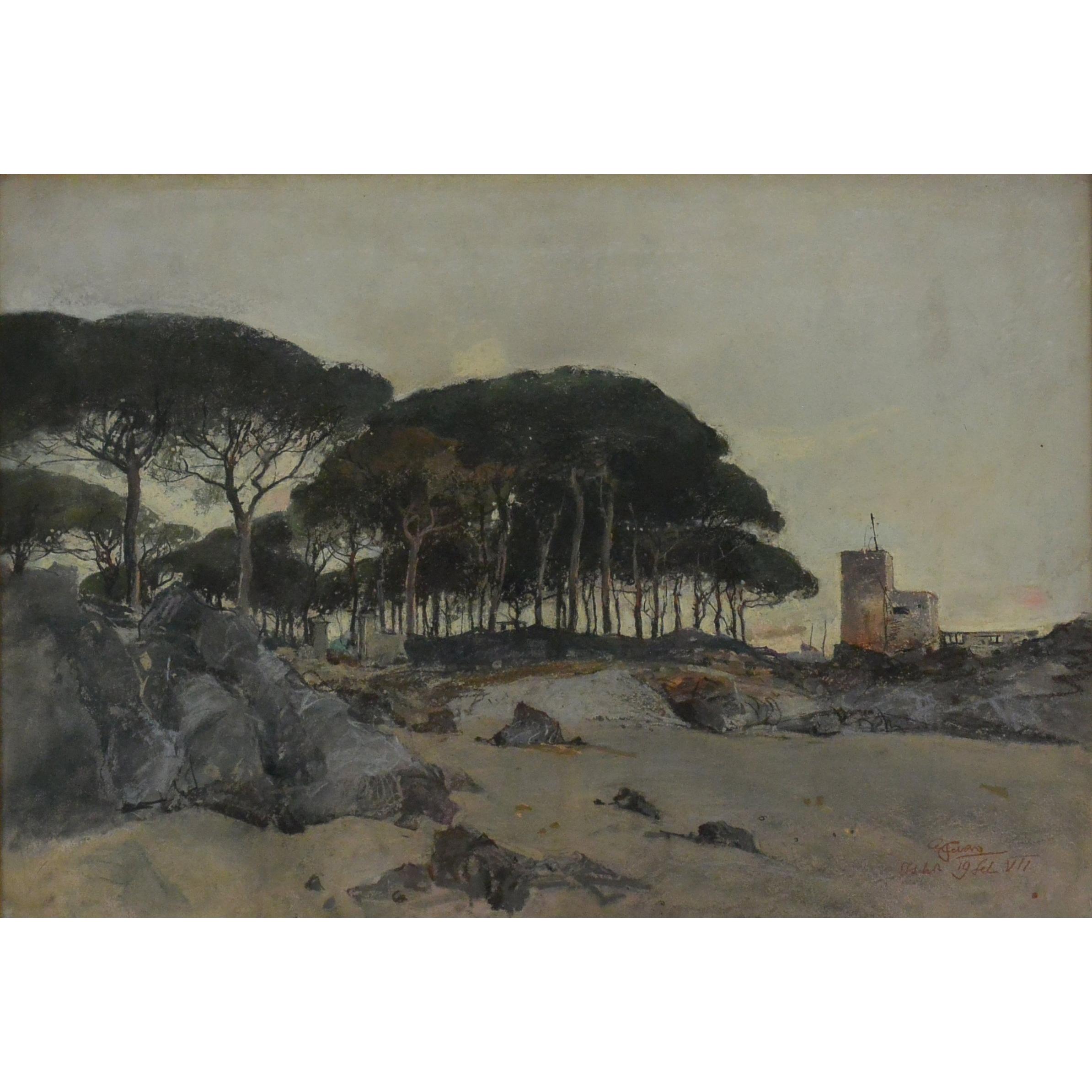 Giuseppe Casciaro, Ischia, 1929. Giuseppe Casciaro (1861-1941) Amalfi coast landscape with watchtower on the island of Ischia. Pastel and gouache on card. Signed and dated 19 Feb VII, Fascist year 1929. In original gilt frame with transparent back