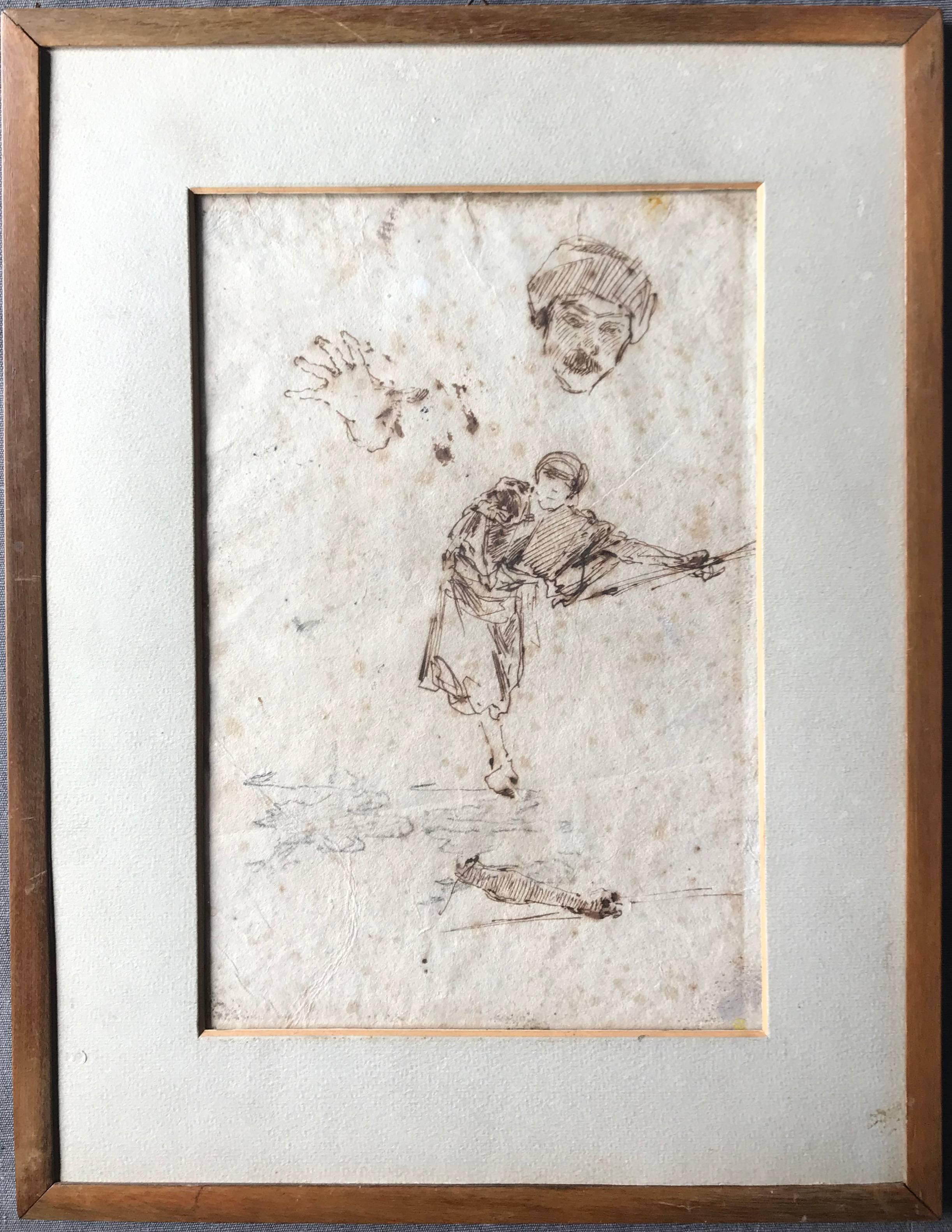 Giuseppe Casciaro, Venetian figure study. Framed ink drawing of a Venetian gondolier with a hand and head study; with inscription and date on reverse with Casciaro's studio stamp, Italy, 1927.
Dimensions: 16