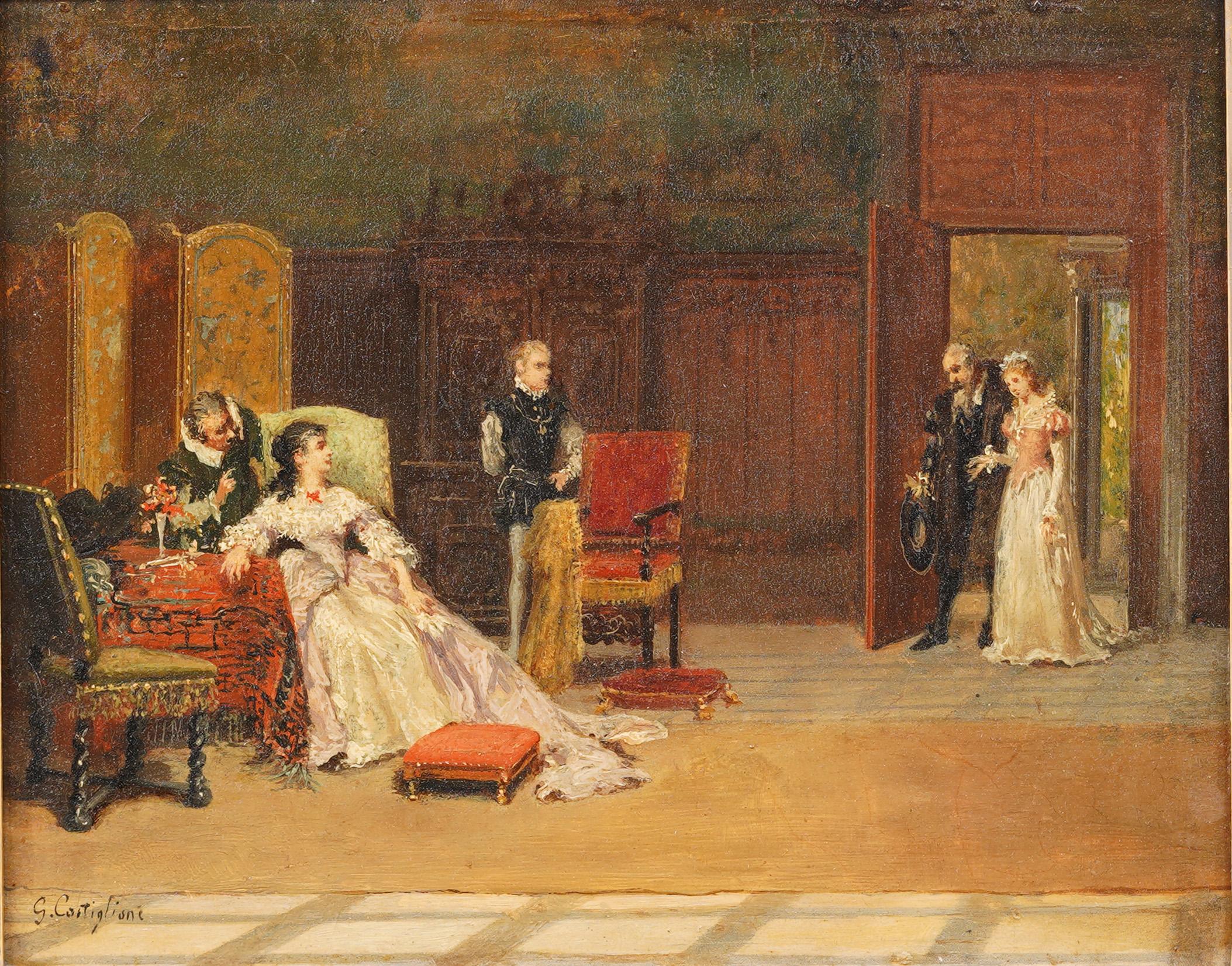 Antiguo cuadro al óleo realista italiano con marco de alta sociedad interior - Painting de Giuseppe Castiglione 