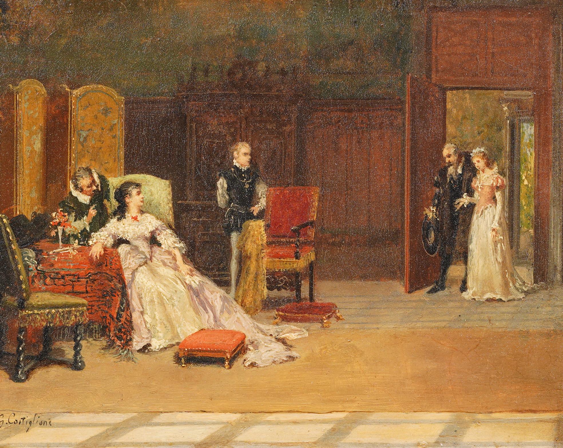 Antiguo cuadro al óleo realista italiano con marco de alta sociedad interior - Painting Abstracto de Giuseppe Castiglione 
