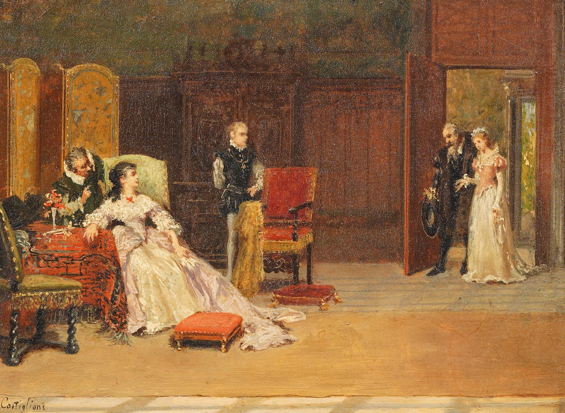 Antiguo cuadro al óleo realista italiano con marco de alta sociedad interior - Landscape Painting Beige de Giuseppe Castiglione 