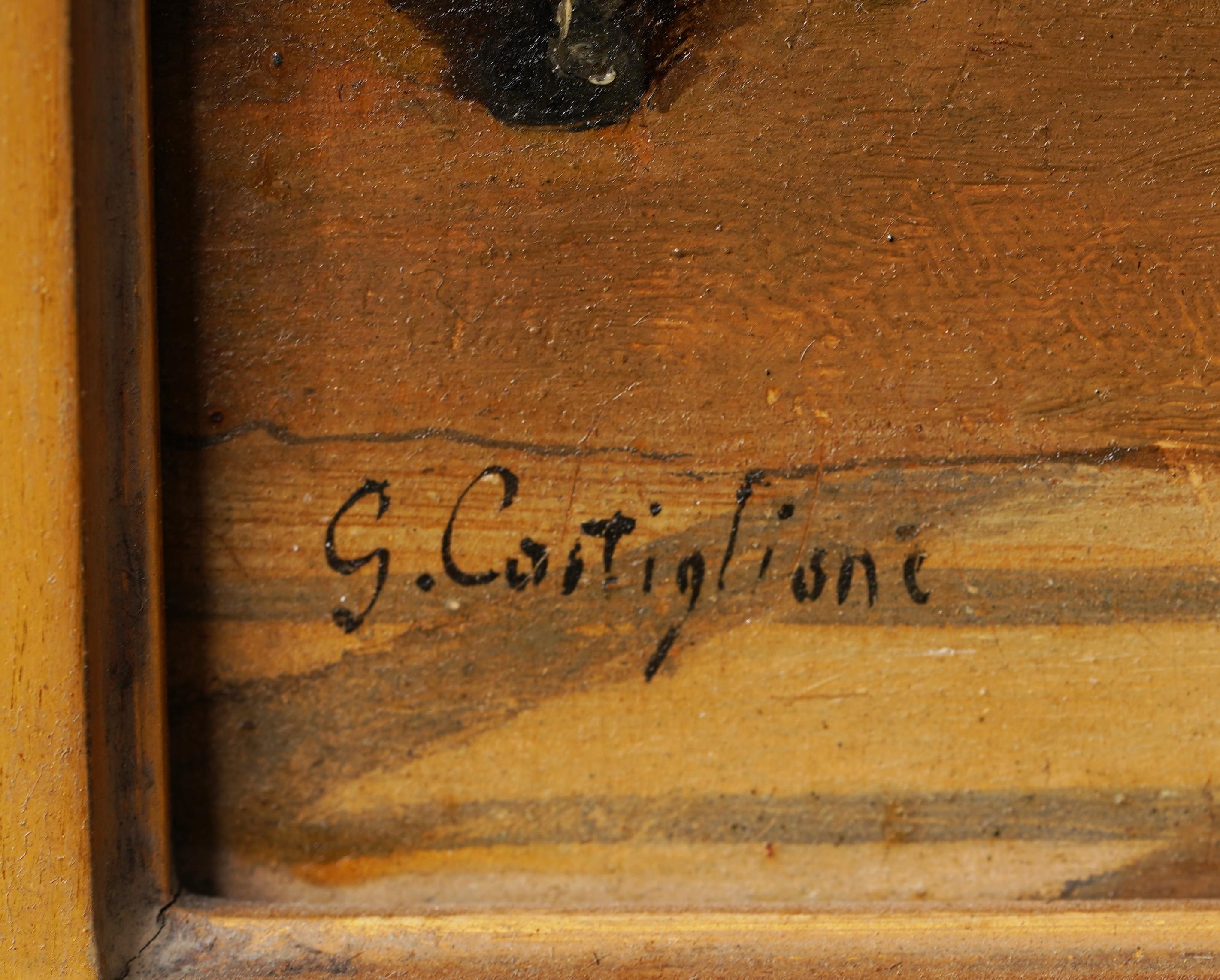 Antigua escena interior italiana pintada al óleo por Giuseppe Castiglione (1829 - 1908). Óleo sobre tabla. Firmado. Enmarcado. Mide 16 por 18 pulgadas en total y 11 por 13 pintado solo. 