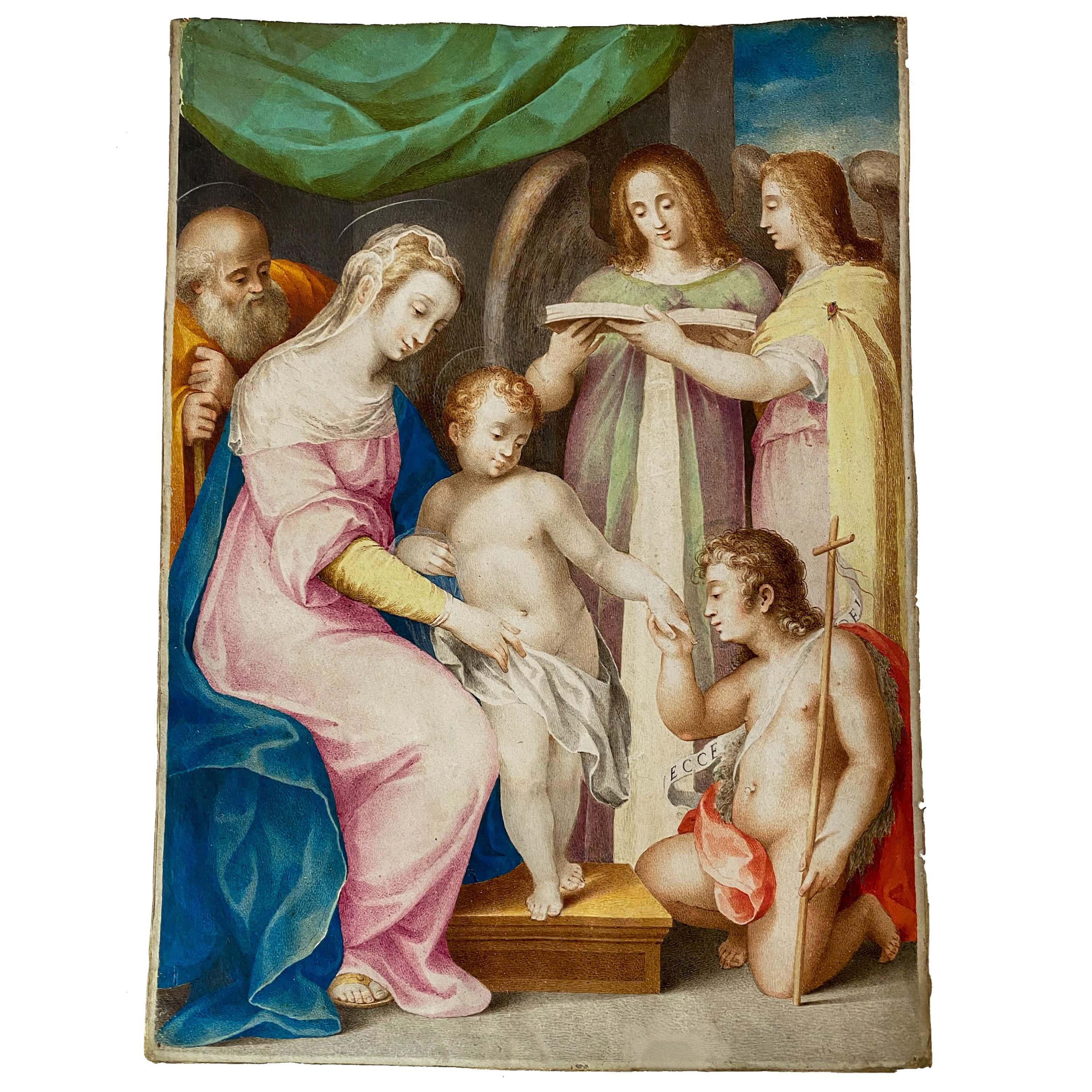 Rare et importante peinture à la détrempe sur parchemin de la Renaissance italienne, Giuseppe Cesari Il Cavalier d'Arpino (Giuseppe Cesari, 1568-1640), peinture datant d'environ 1595.
Caesari est né à Rome en 1568 et sa famille était originaire