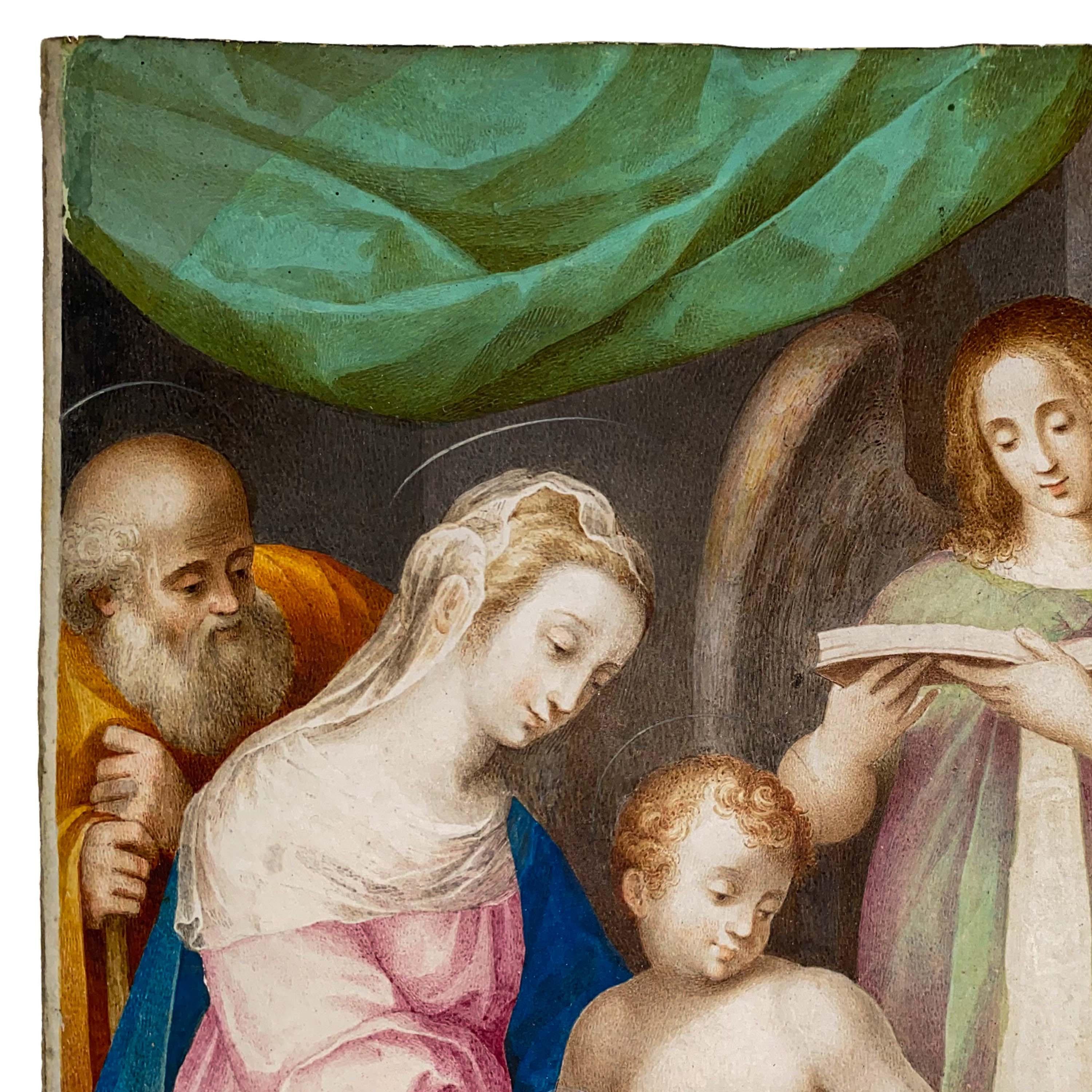 Italian Renaissance Tempera on Parchment Painting Holy Family by Giuseppe Cesari - Brown Figurative Painting by GIUSEPPE CESARI IL CAVALIER D'ARPINO