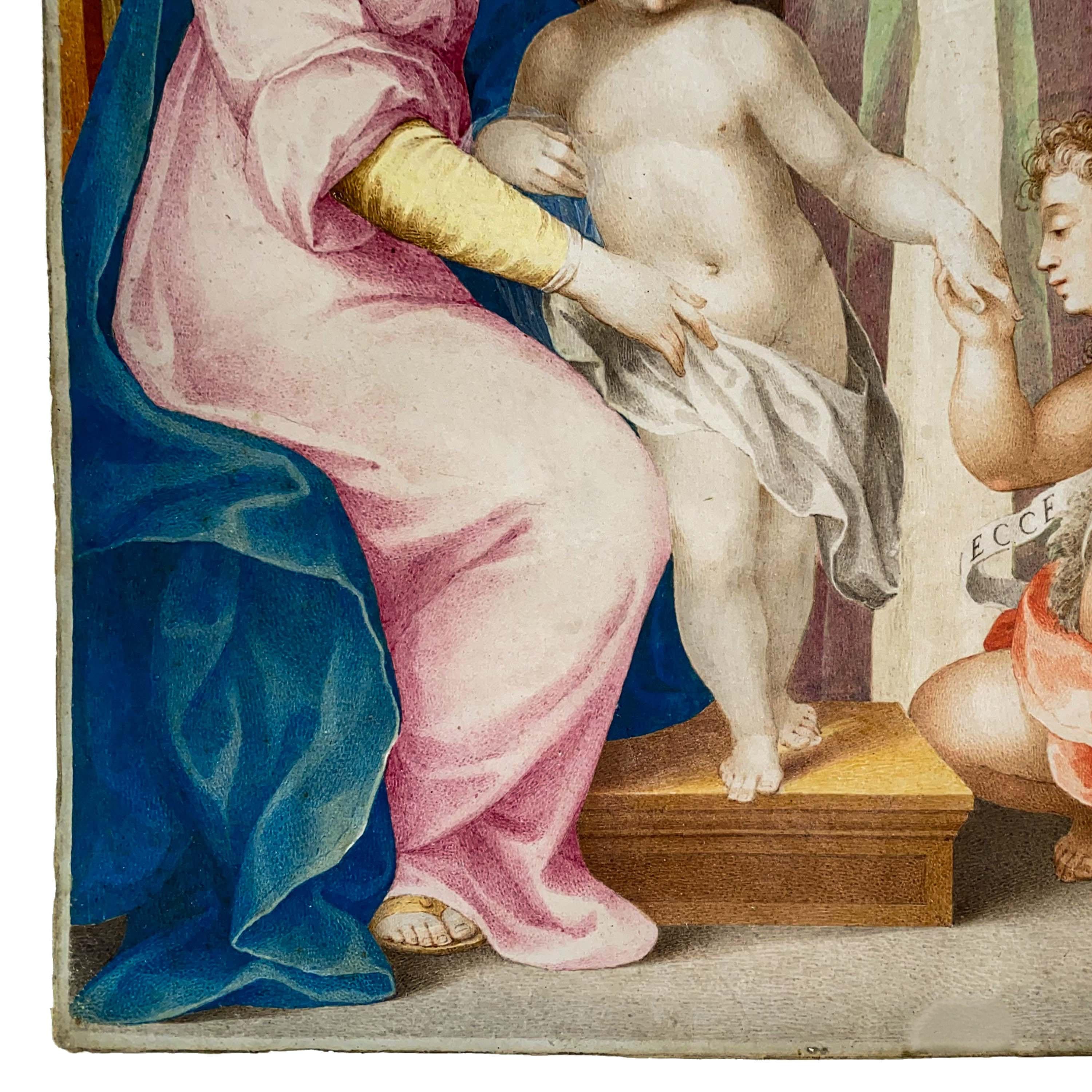 Italian Renaissance Tempera on Parchment Painting Holy Family by Giuseppe Cesari For Sale 1