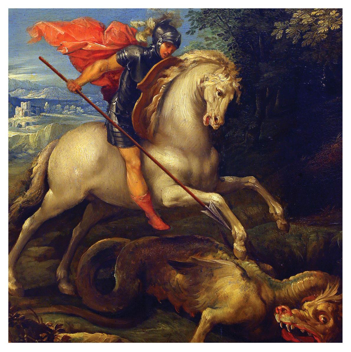 Künstler: Nach Giuseppe Cesari (Italiener 1568-1640)
Titel: Der Heilige Georg erschlägt den Drachen
Medium: Giclée Fine Art Print auf Ilford Galerie Textured Cotton Rag 310gsm Papier.
Blattgröße: Höhe 42 cm x Breite 42 cm

Über das Gemälde: Der