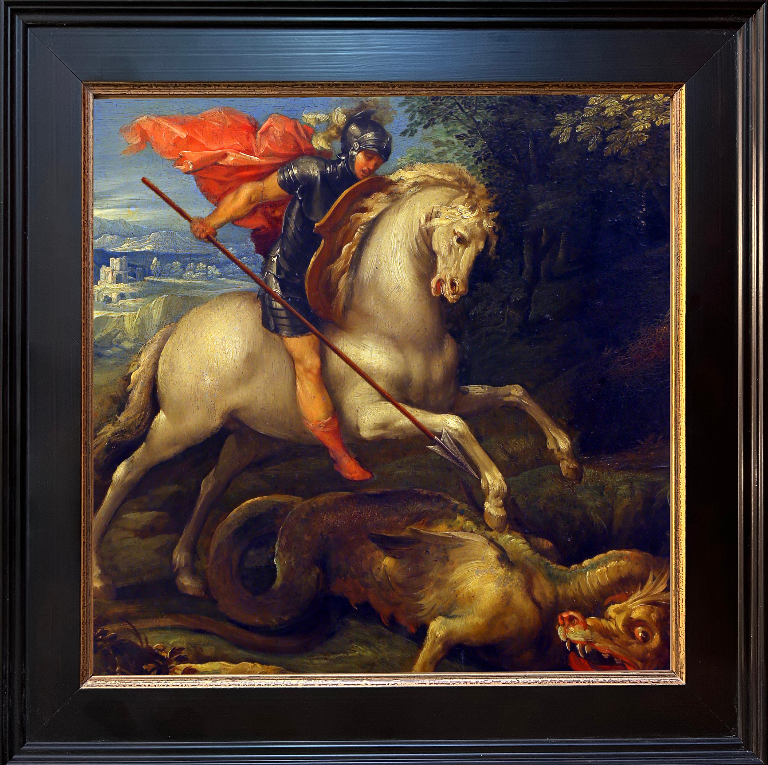 À propos de la peinture :
Saint Georges terrassant le dragon est une peinture de genre dérivée de la légende de Saint Georges, un soldat vénéré dans le christianisme qui combat et vainc un dragon. Le conte évoque un dragon qui a extorqué à un
