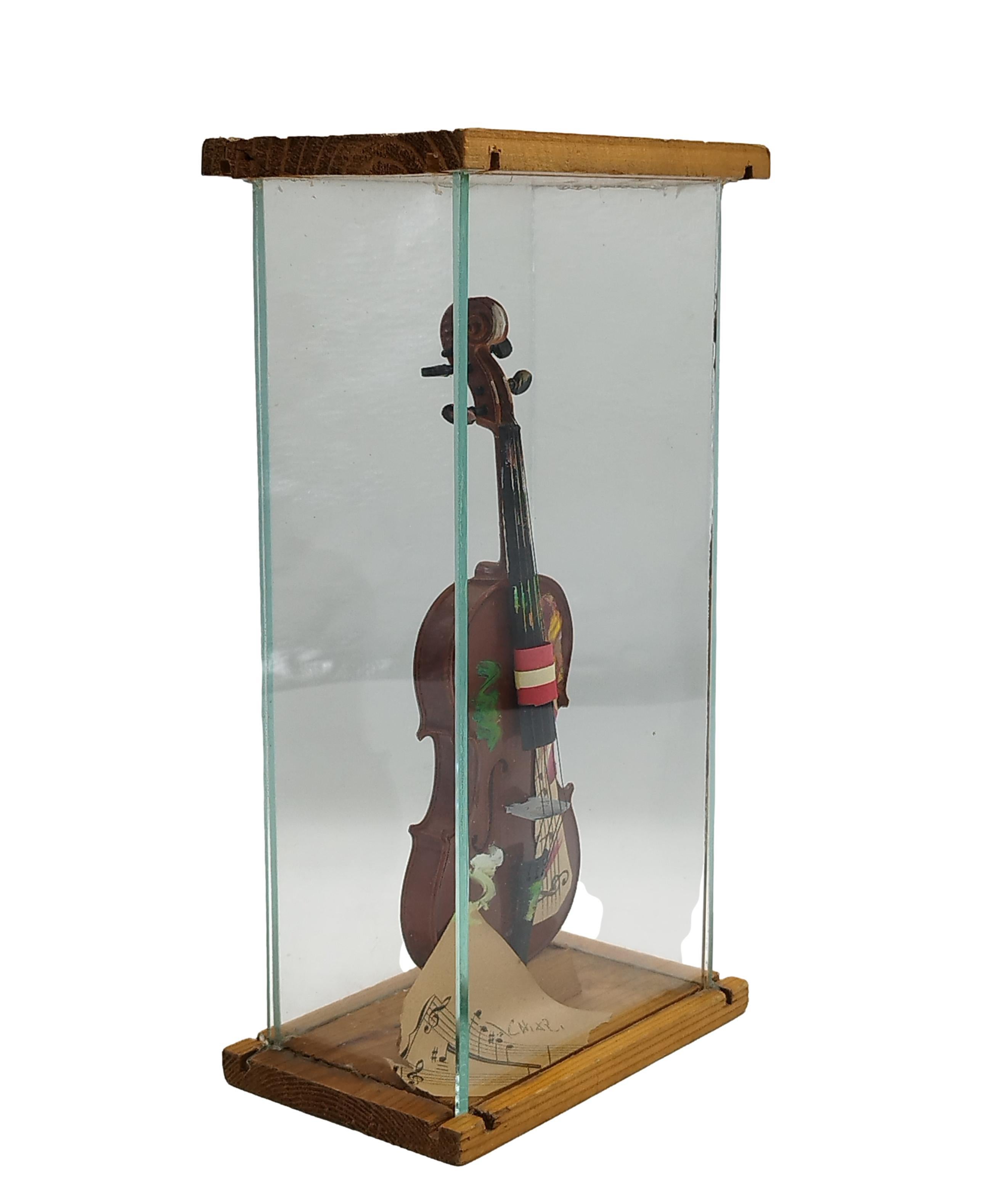 Violin - Collage and assembly in plexi case, Italy 1970s - Sculpture by Giuseppe Chiari 
