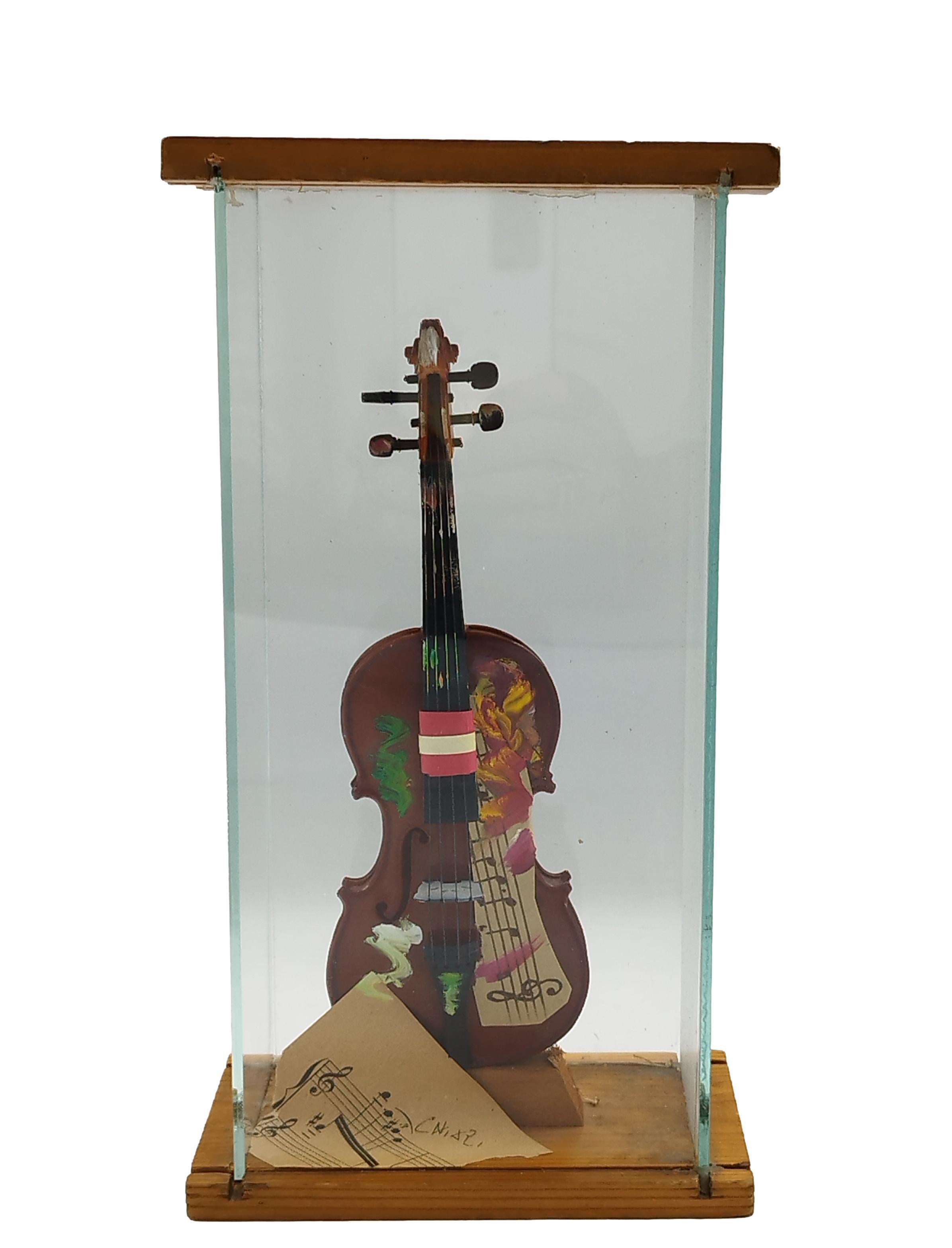 Giuseppe Chiari  Still-Life Sculpture - Violin - Collage and assembly in plexi case, Italy 1970s