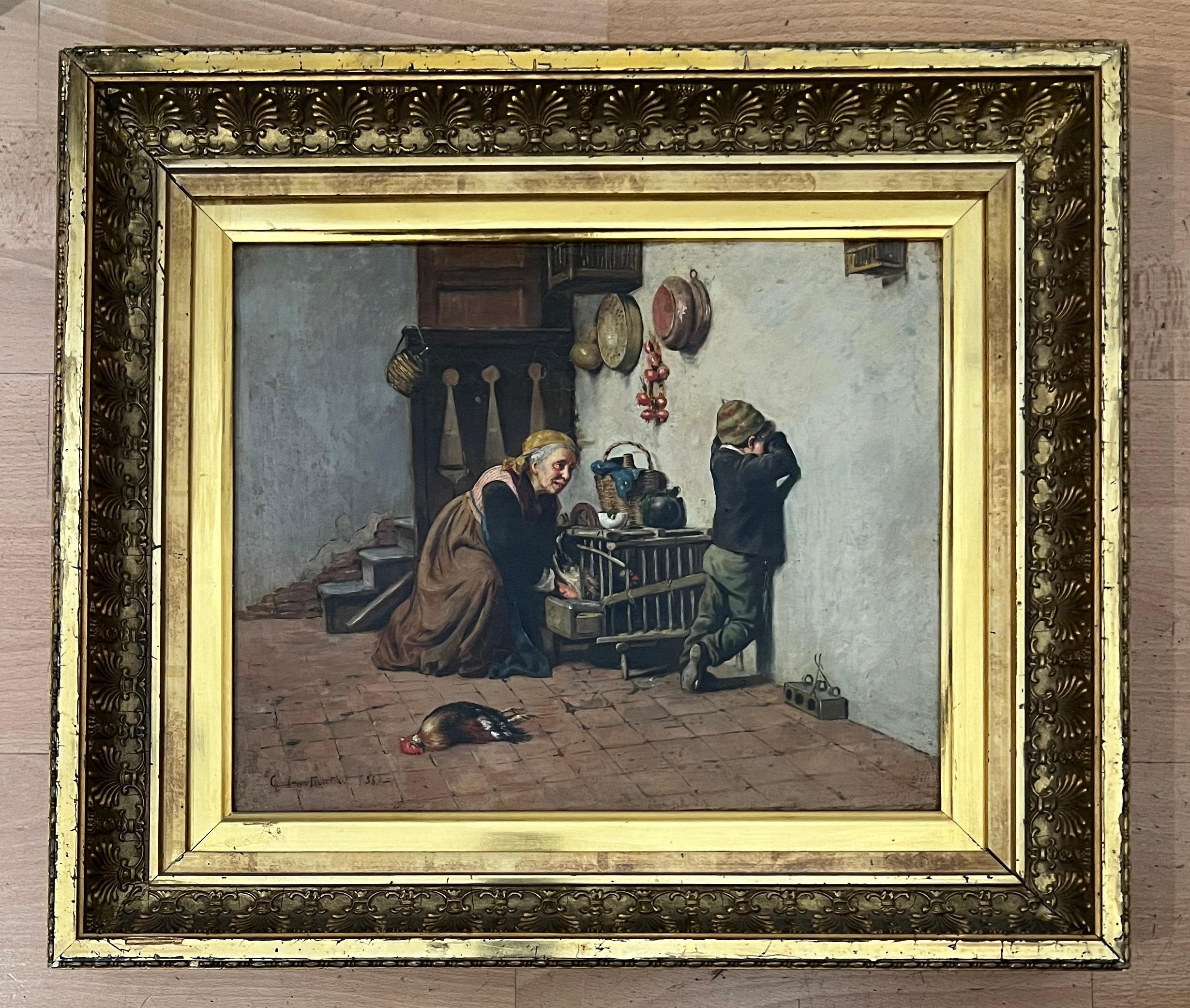 Preparation of the meal and punished child - Painting by Giuseppe Costantini