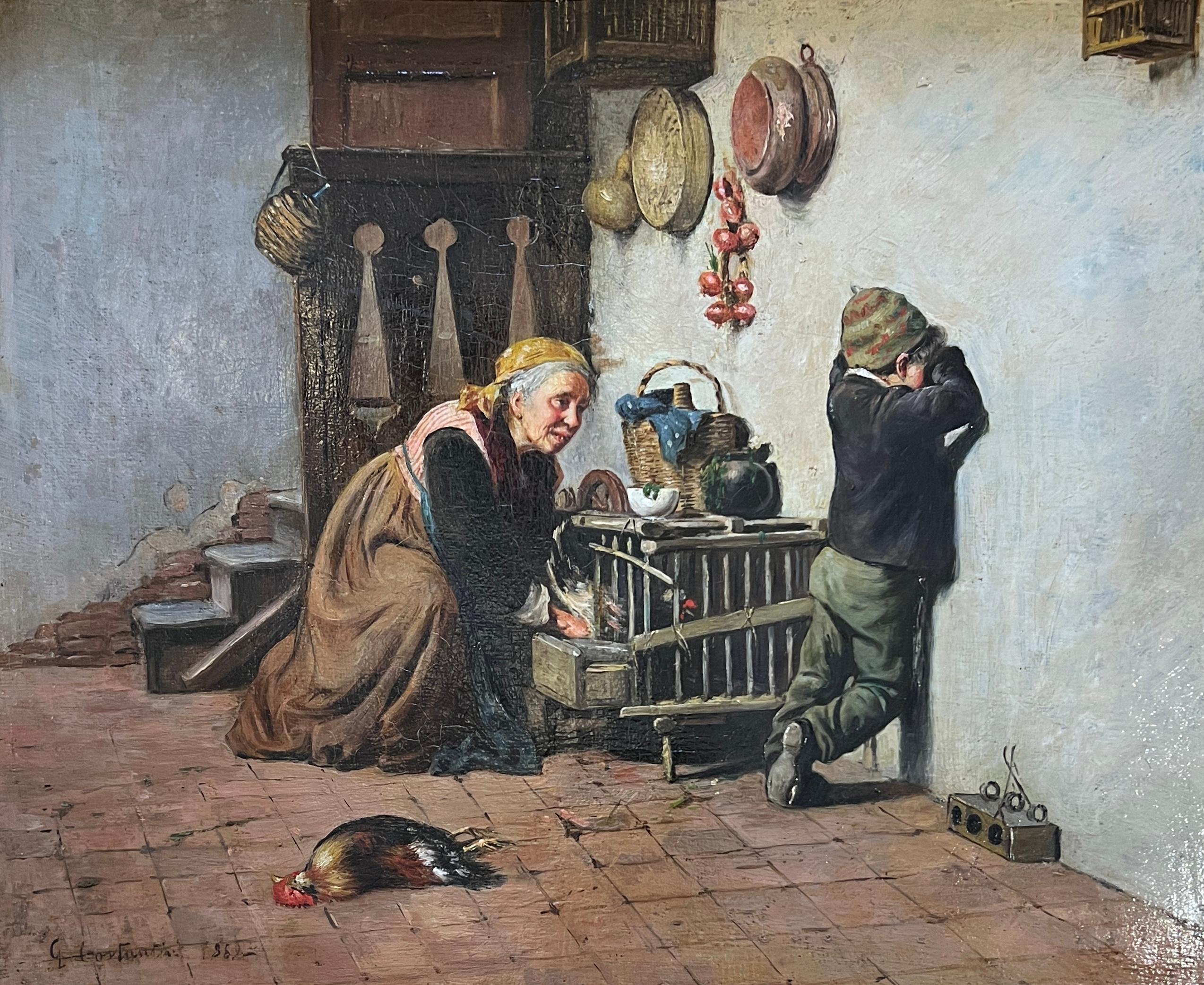Giuseppe Costantini Interior Painting - Preparation of the meal and punished child