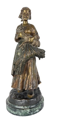 "Dutch Girl with Lamb" in Bronze and Marble by Giuseppe Joseph D'Aste