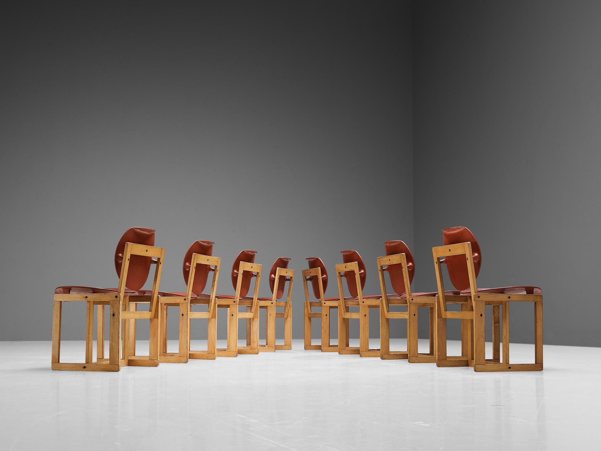 Mid-20th Century Giuseppe Davanzo Set of Eight Dining Chairs 'Serena' in Elm For Sale