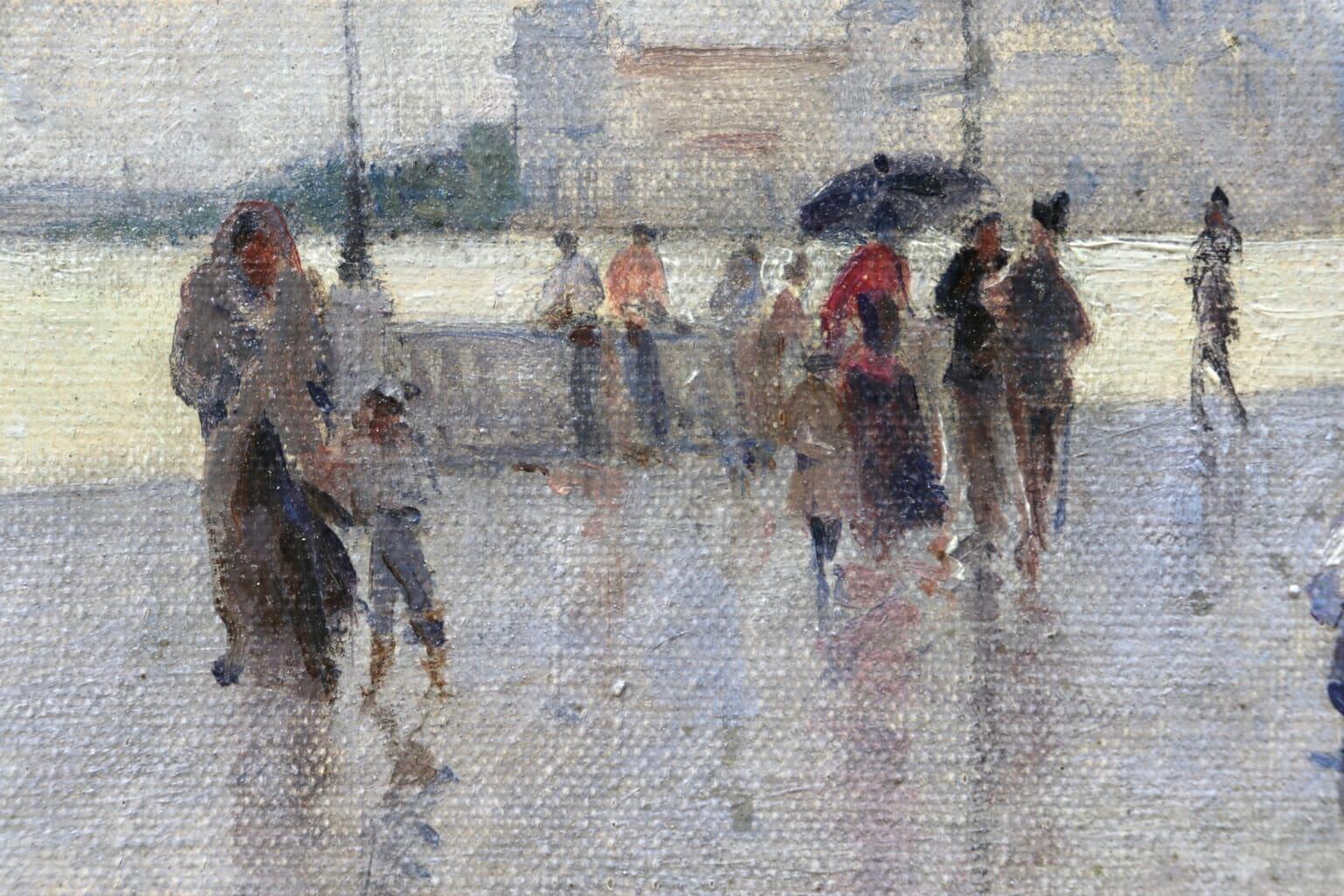 A stunning oil on original canvas by Italian painter Giuseppe De Nittis. The painting depicts figures walking up and down the promenade along River Degli Schiavone, Venice. 

The work is executed on a Lefranc & Cie canvas which is stamped verso with