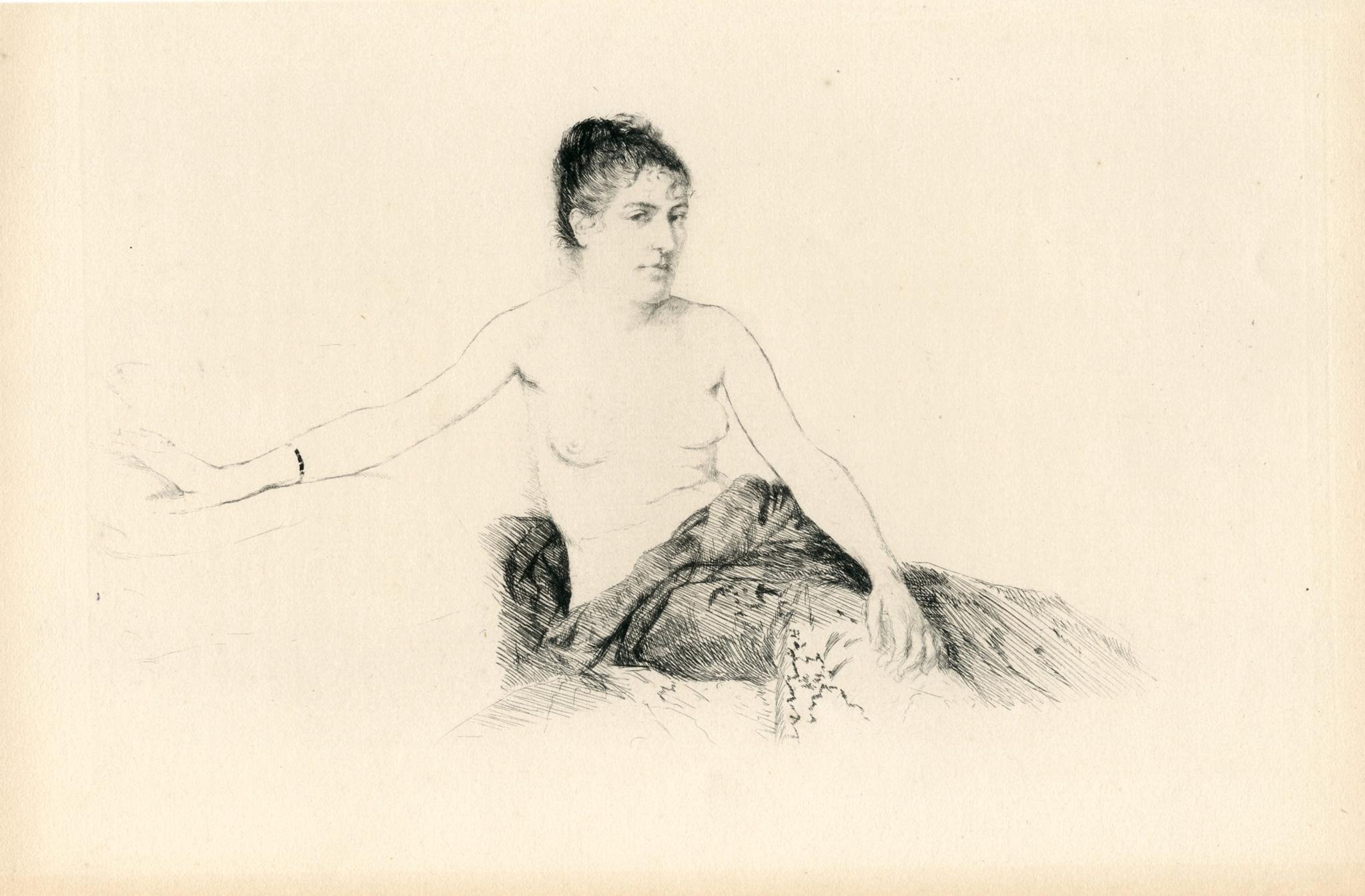 Giuseppe De Nittis Portrait Print – „Femme assise sur un canape“ Original-Radierung