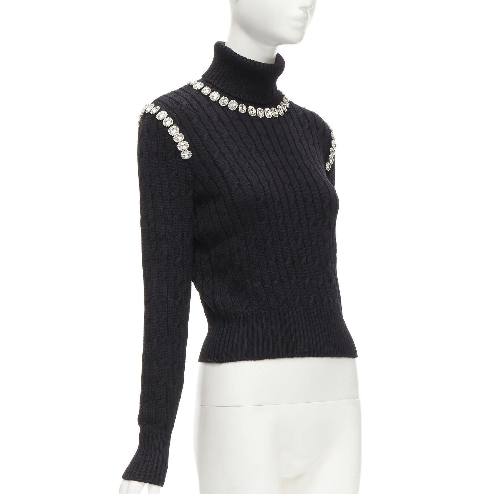 Black GIUSEPPE DI MORABITO black wool crystal embellished cable knit turtleneck IT38 For Sale