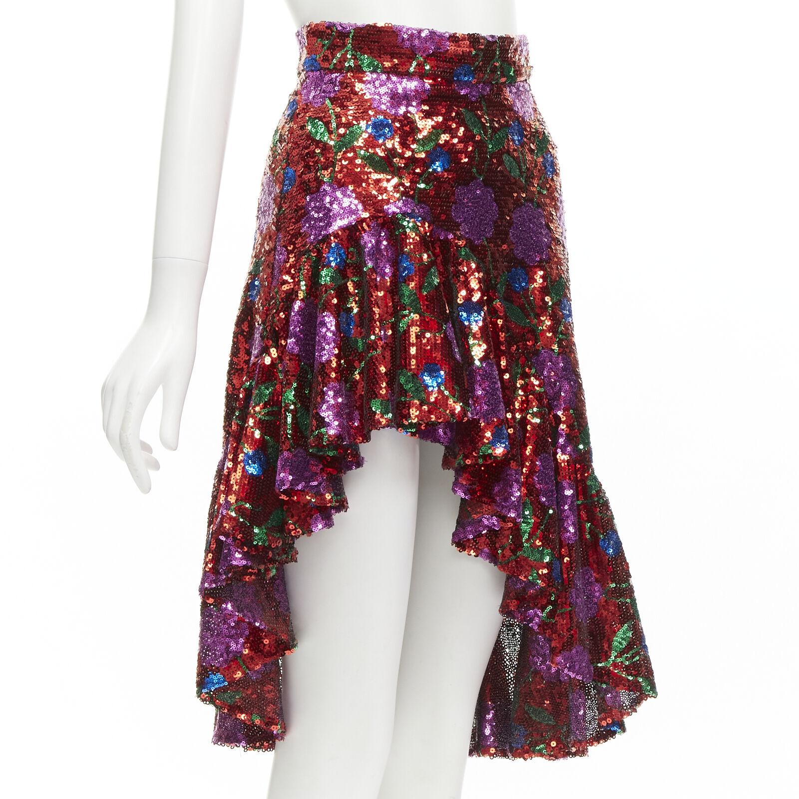 Brown GIUSEPPE DI MORABITO red pink floral sequins asymmetric ruffled skirt IT38 XS For Sale
