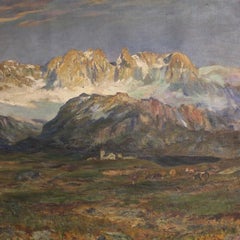 19th Century Oil on Canvas Signed Falchetti Mountain Landscape Italian Painting