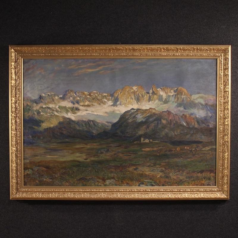 19th Century Oil on Canvas Signed Falchetti Mountain Landscape Italian Painting
