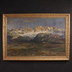 19th Century Oil on Canvas Signed Falchetti Mountain Landscape Italian Painting