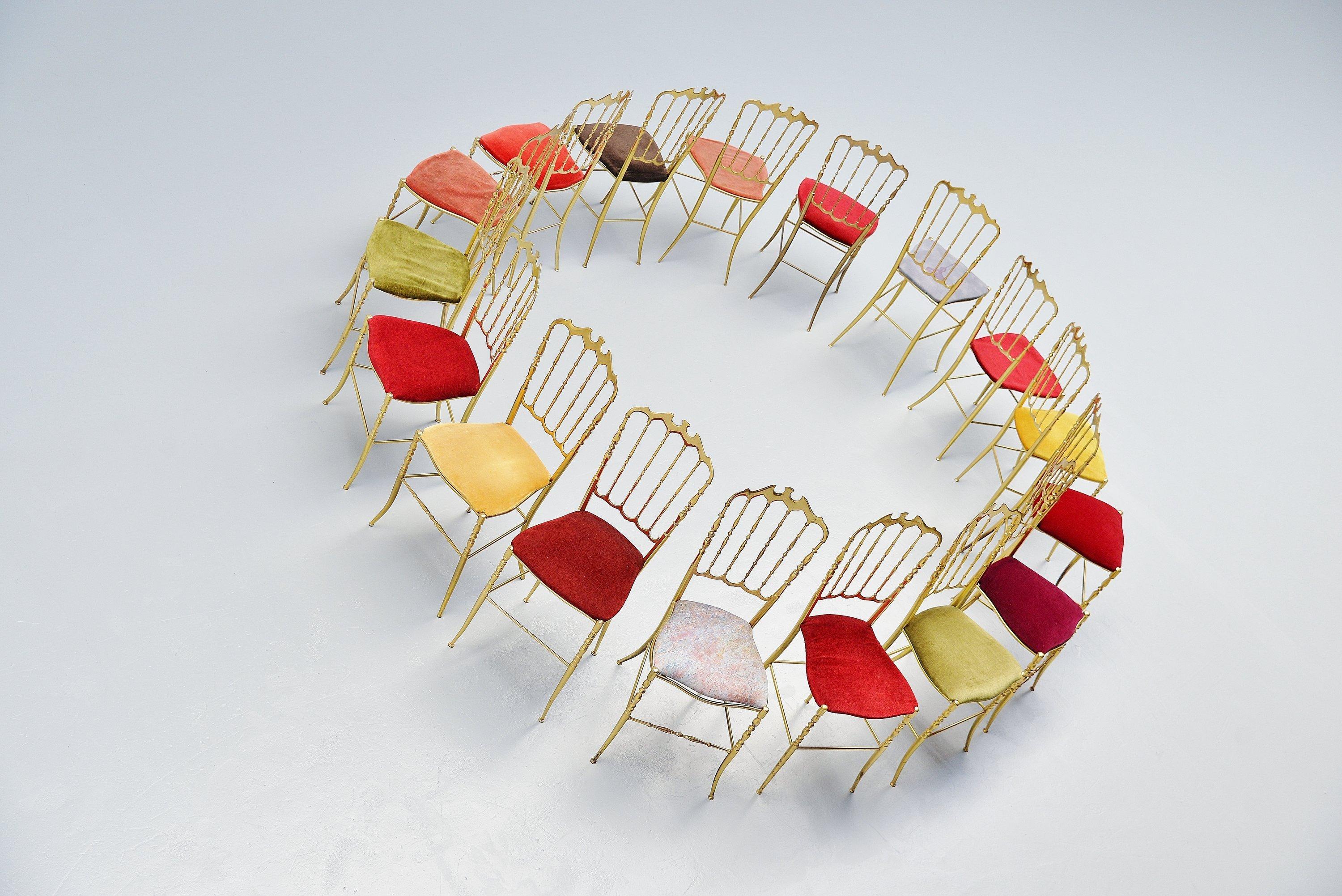 Fantastic collection of 17 Chiavari dining chairs designed by Giuseppe Gaetano Descalzi, Italy 1960s. These chairs have solid brass frames and different kinds of upholstery. This big collection of chairs is very nice and colorful together. All