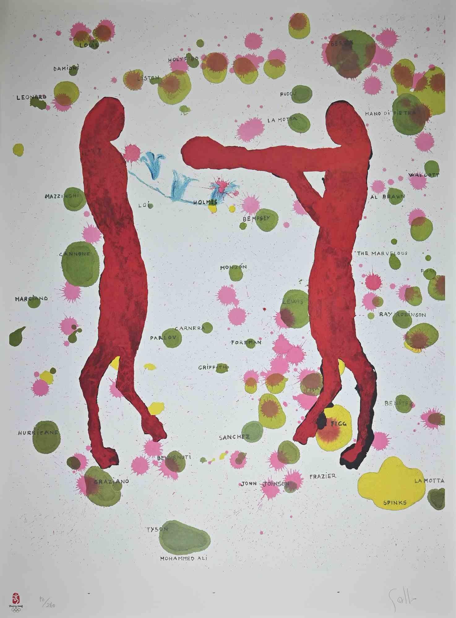 Boxers, Olympic Games Beijing 2008 is an original lithograph print realized by Giuseppe Gallo. This artwork is from the portfolio The Unique Collection for the Olympic Fine Arts 2008 presented during the Olympic Games and produced in 260 copies as