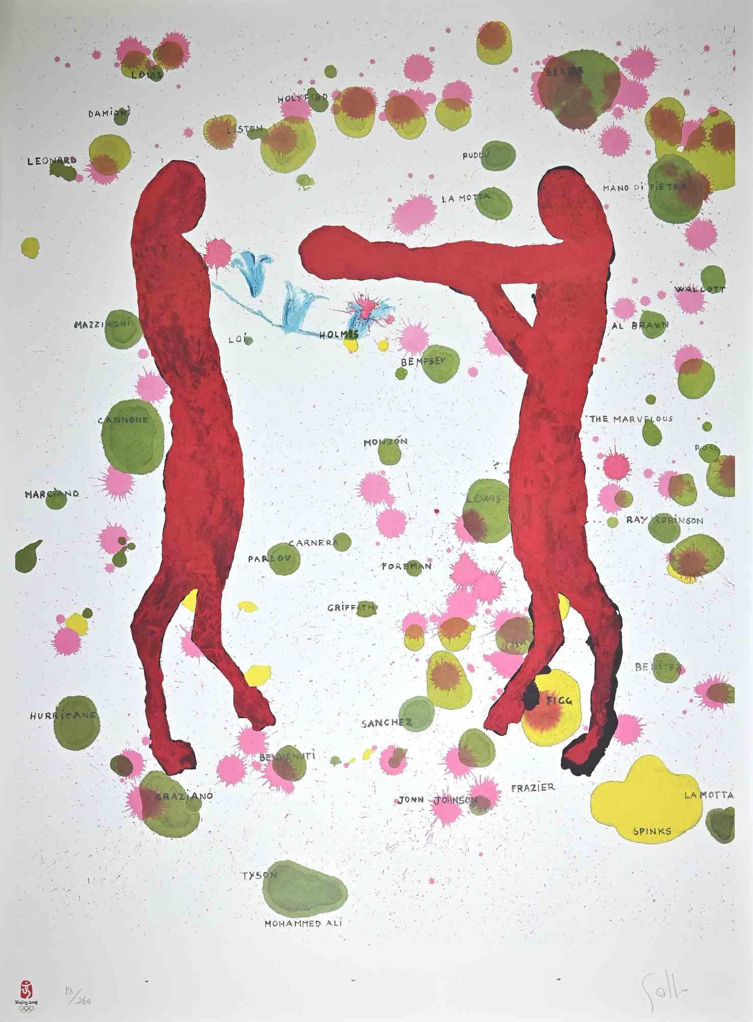 Boxers is an original lithograph realized by Giuseppe Gallo. 
This artwork is from the portfolio The Unique Collection for the Olympic Fine Arts 2008 presented during the Olympic Games and produced in 260 copies as the only official artistic product