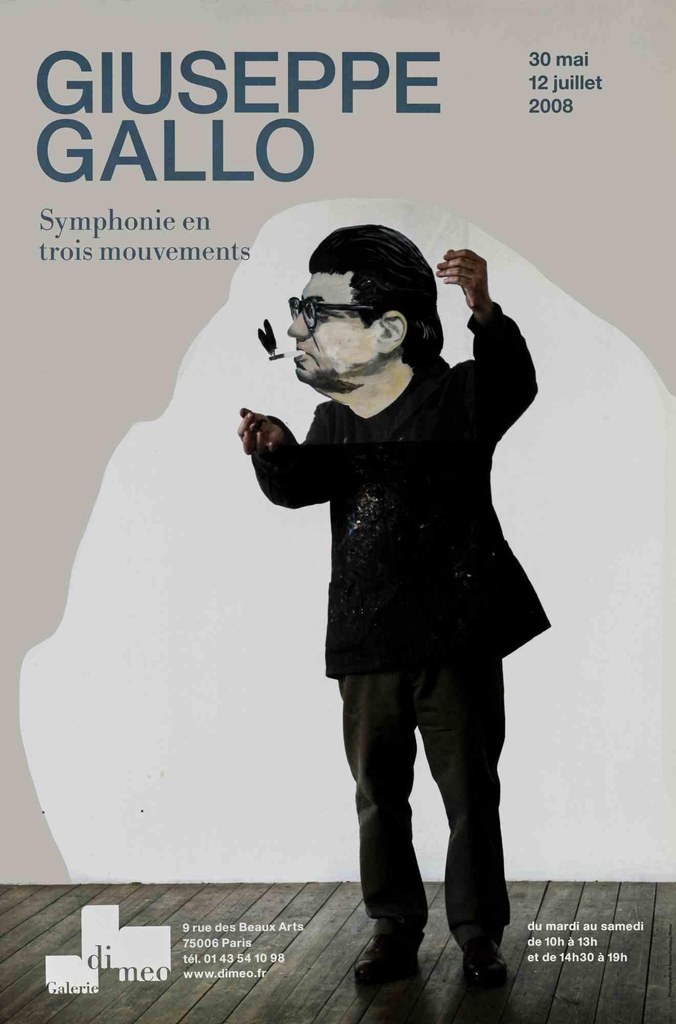 Giuseppe Gallo. Symphonie en trois mouvements ist ein Vintage-Offsetplakat aus dem Jahr 2008.

Dieses Kunstwerk wurde anlässlich der Ausstellung von Giuseppe Gallo in der Galerie Di Meo in Paris vom 30. Mai bis 12. Juli 2008 realisiert.

Gute