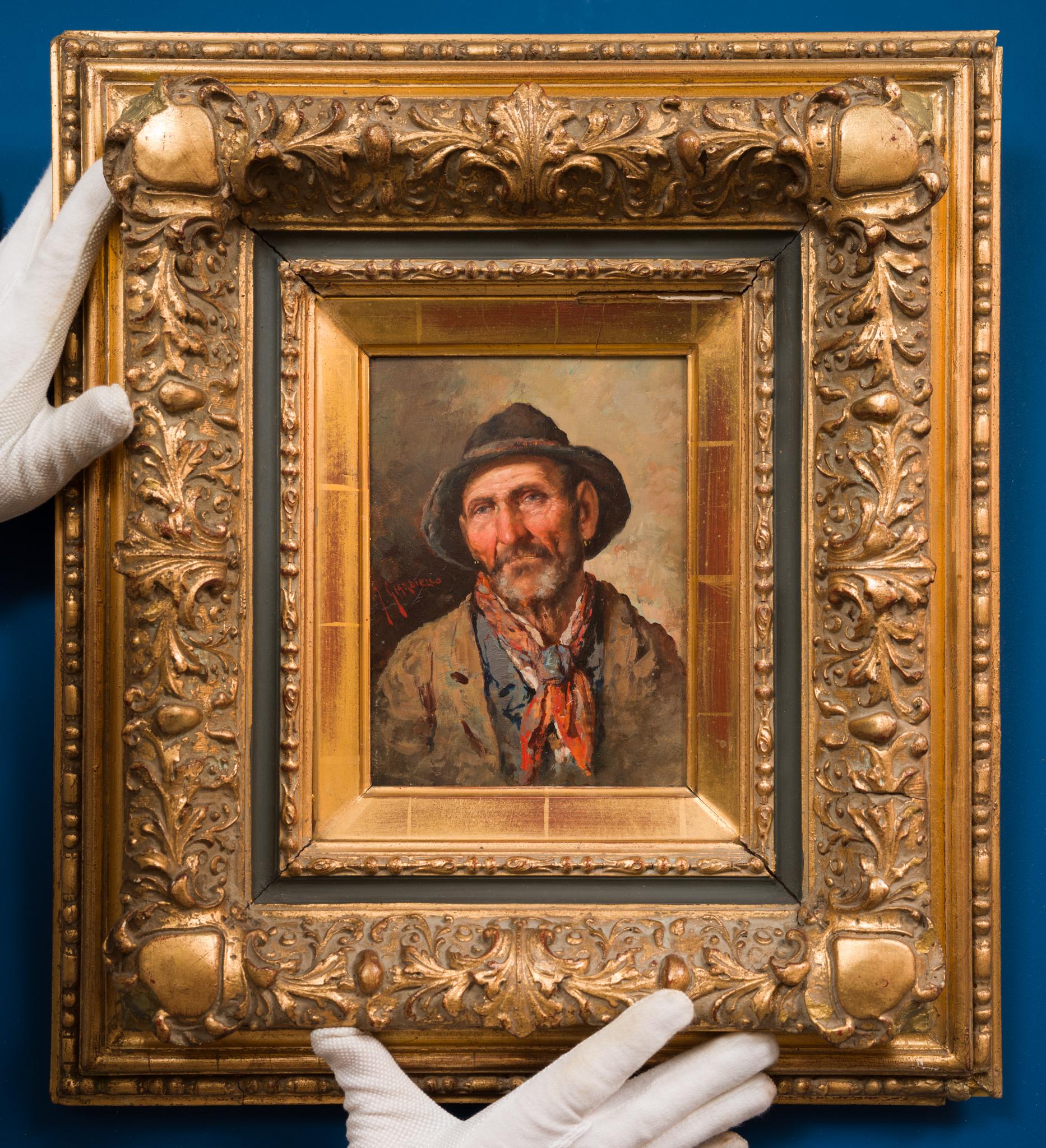 For sale is a beautiful small portrait by the Italian artist Giuseppe Giardinello, whose life spanned from 1887 to 1920. This work of art is a remarkable representation of Giardinello's ability to convey a profound sense of character through his