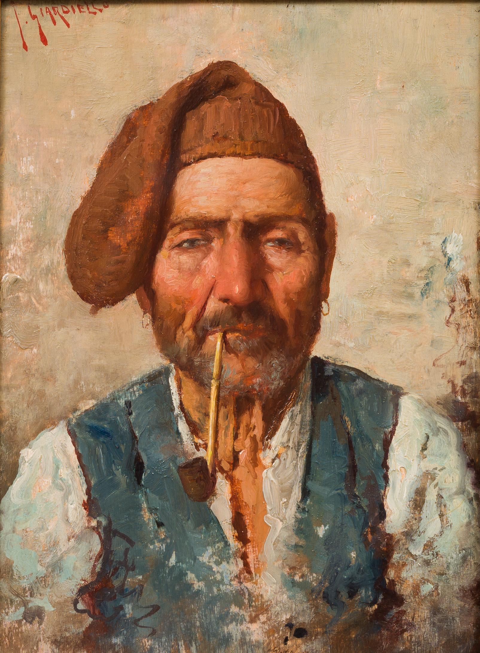 The Pipe Smoker, Portrait by Italian Artist Giuseppe Giardinello  For Sale 1