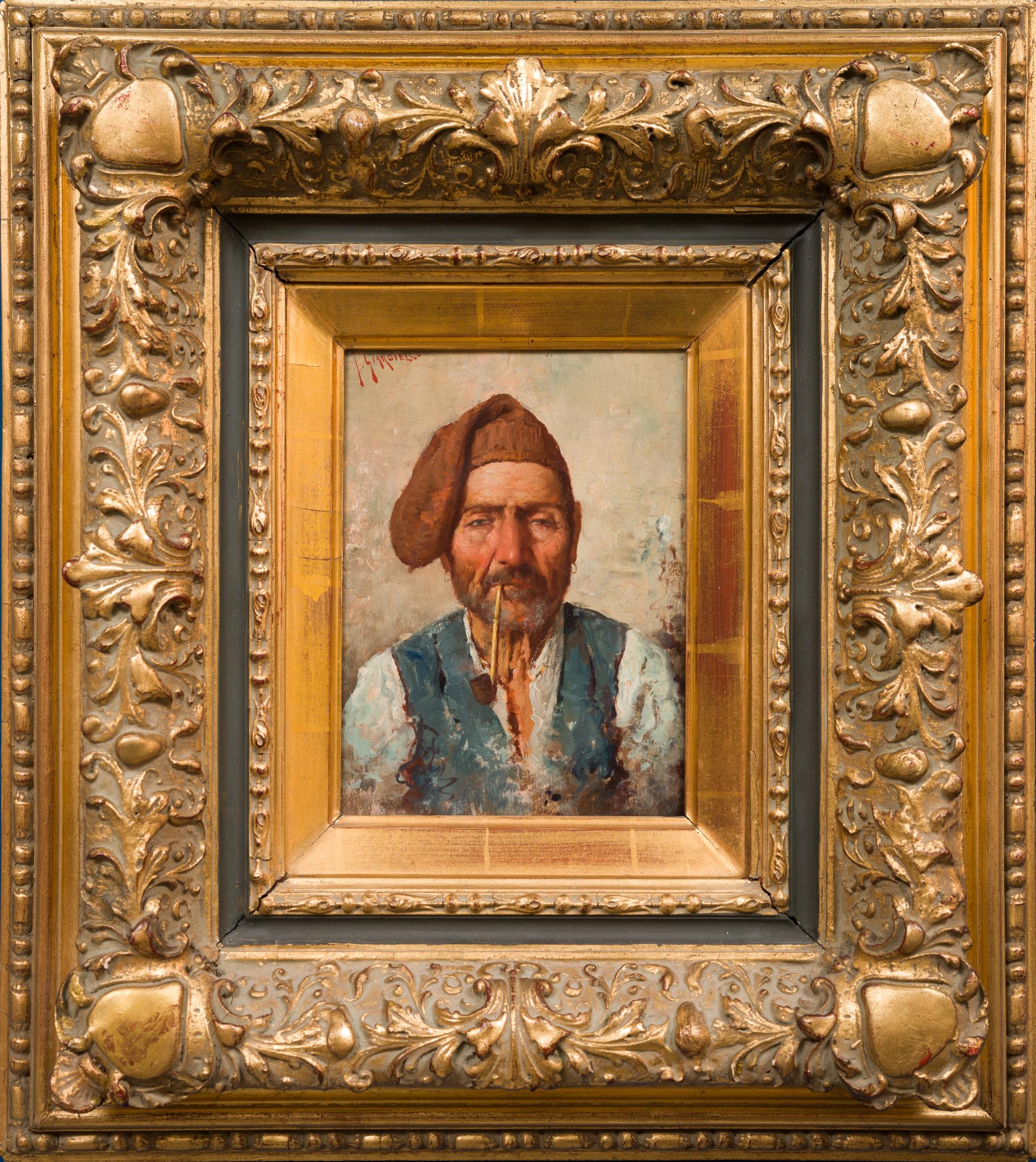 This captivating small portrait is the work of Italian artist Giuseppe Giardinello, who lived from 1887 to 1920. Giardinello's talent for capturing the essence of his subjects is fully on display in this piece, where every brushstroke tells a story