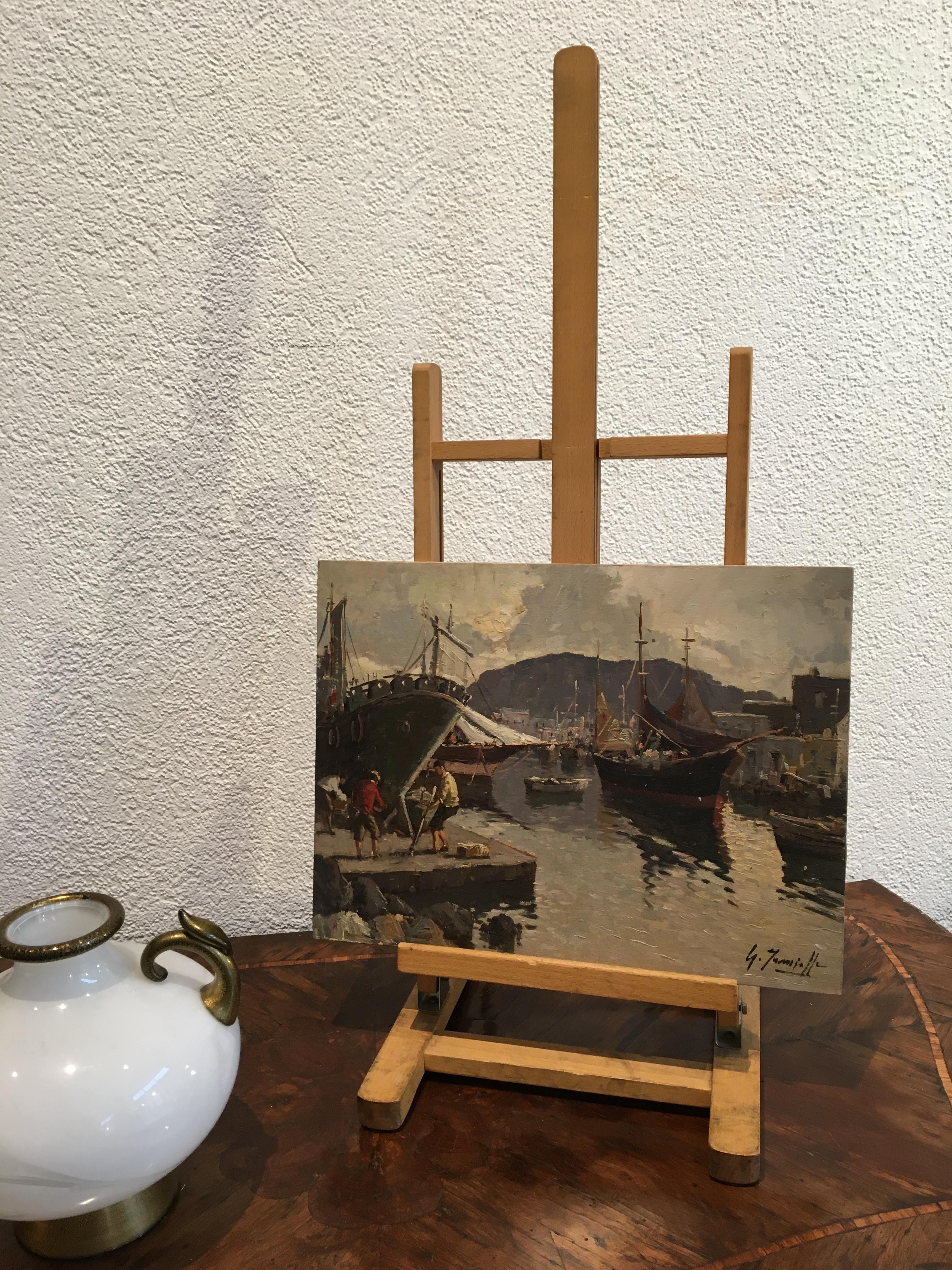 Fischerdorf und Netzreparatur – Amalfiküste 2 – Painting von Giuseppe Iannicella