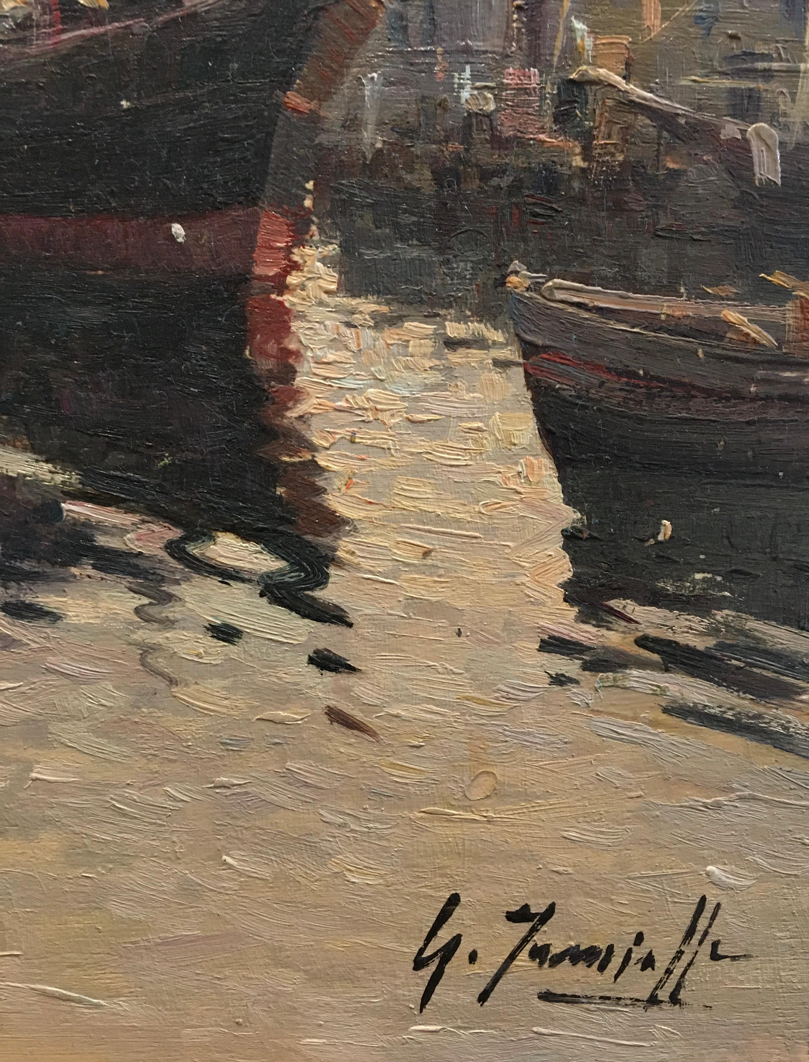 Fischerdorf und Netzreparatur – Amalfiküste 2 (Italienische Schule), Painting, von Giuseppe Iannicella