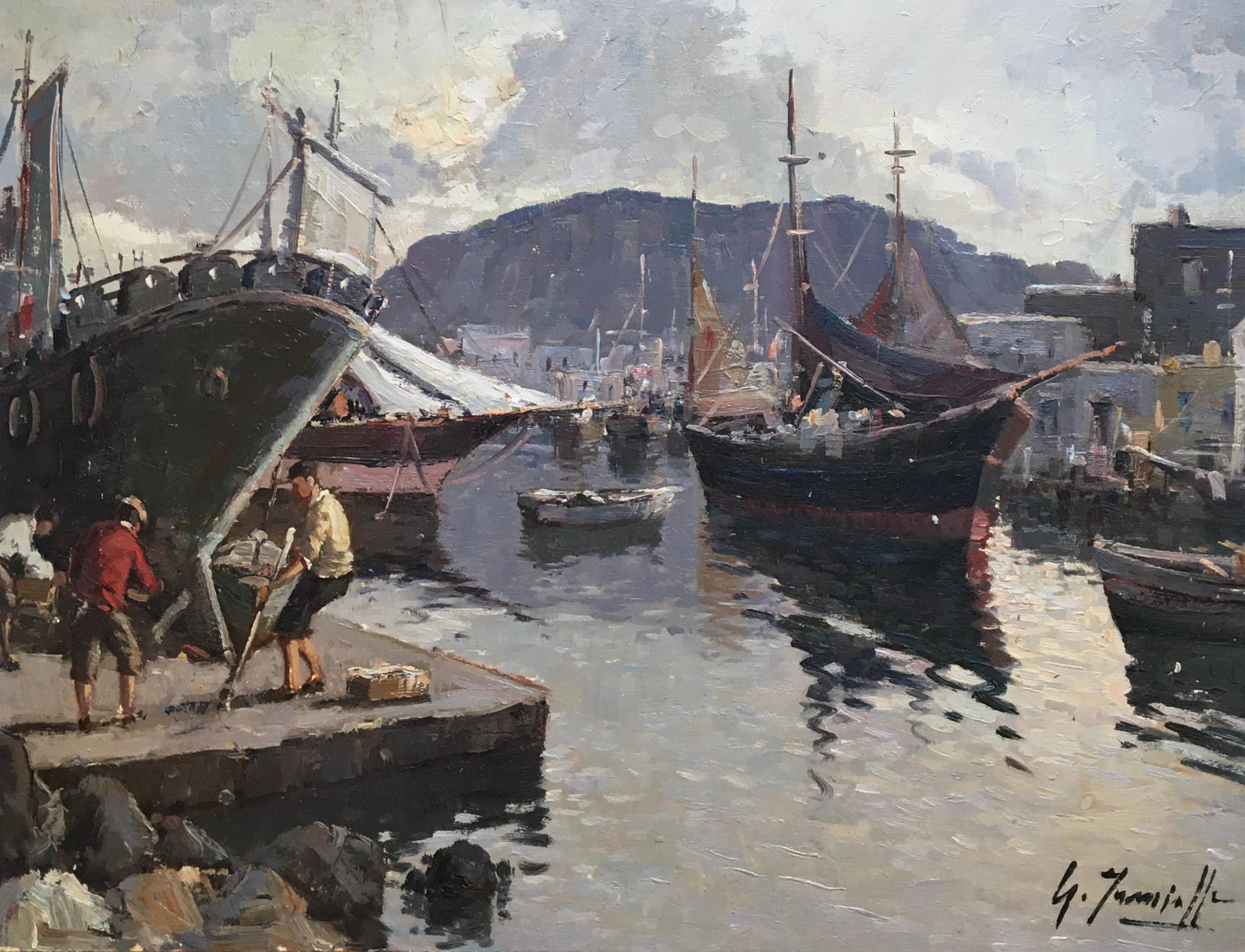 Giuseppe Iannicella Landscape Painting – Fischerdorf und Netzreparatur – Amalfiküste 2