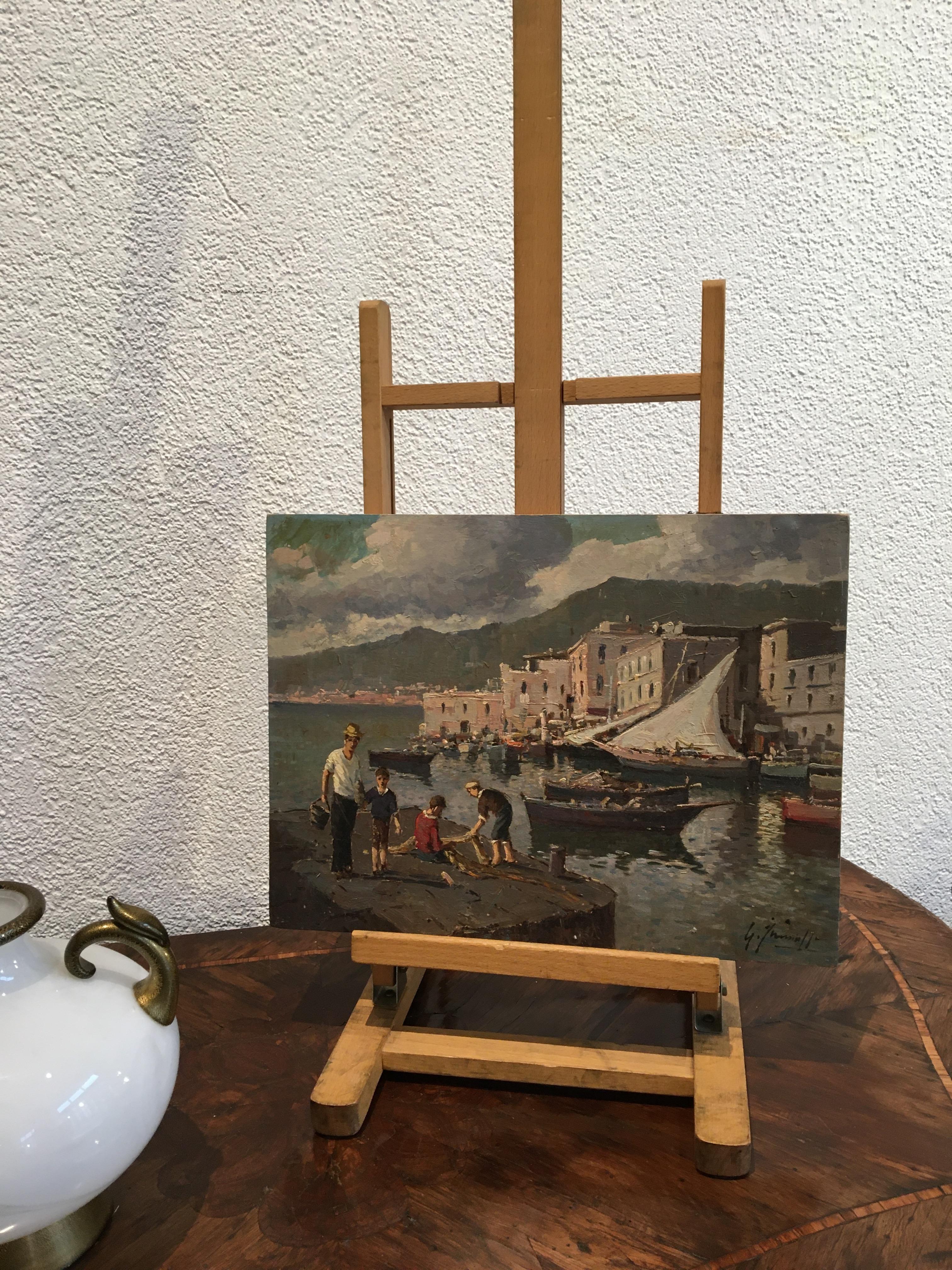 Fishing village and net repair - Amalfi coast - Painting by Giuseppe Iannicella