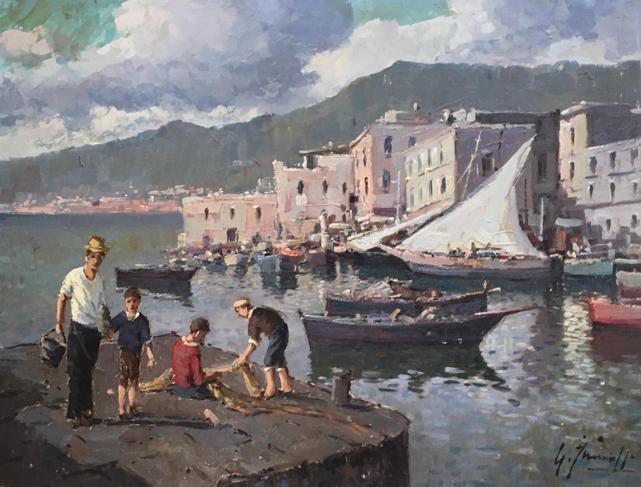 Landscape Painting di Giuseppe Iannicella - Villaggio di pescatori e riparazione delle reti - Costiera Amalfitana