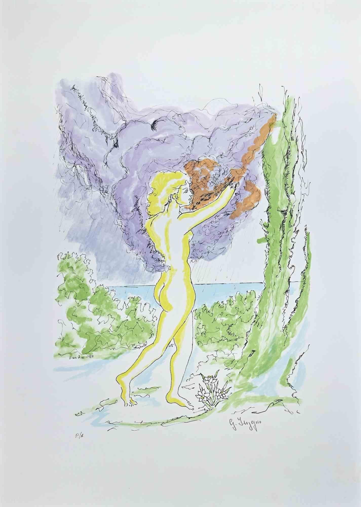 In the Woods is an original Lithograph realized by Giuseppe Ingegno in 1979.

Colored print.

Good conditions.

Hand-signed in pencil on the lower right. Titled and dated on plate.

This beautiful colored print represents Eurydice, an oak nymph and