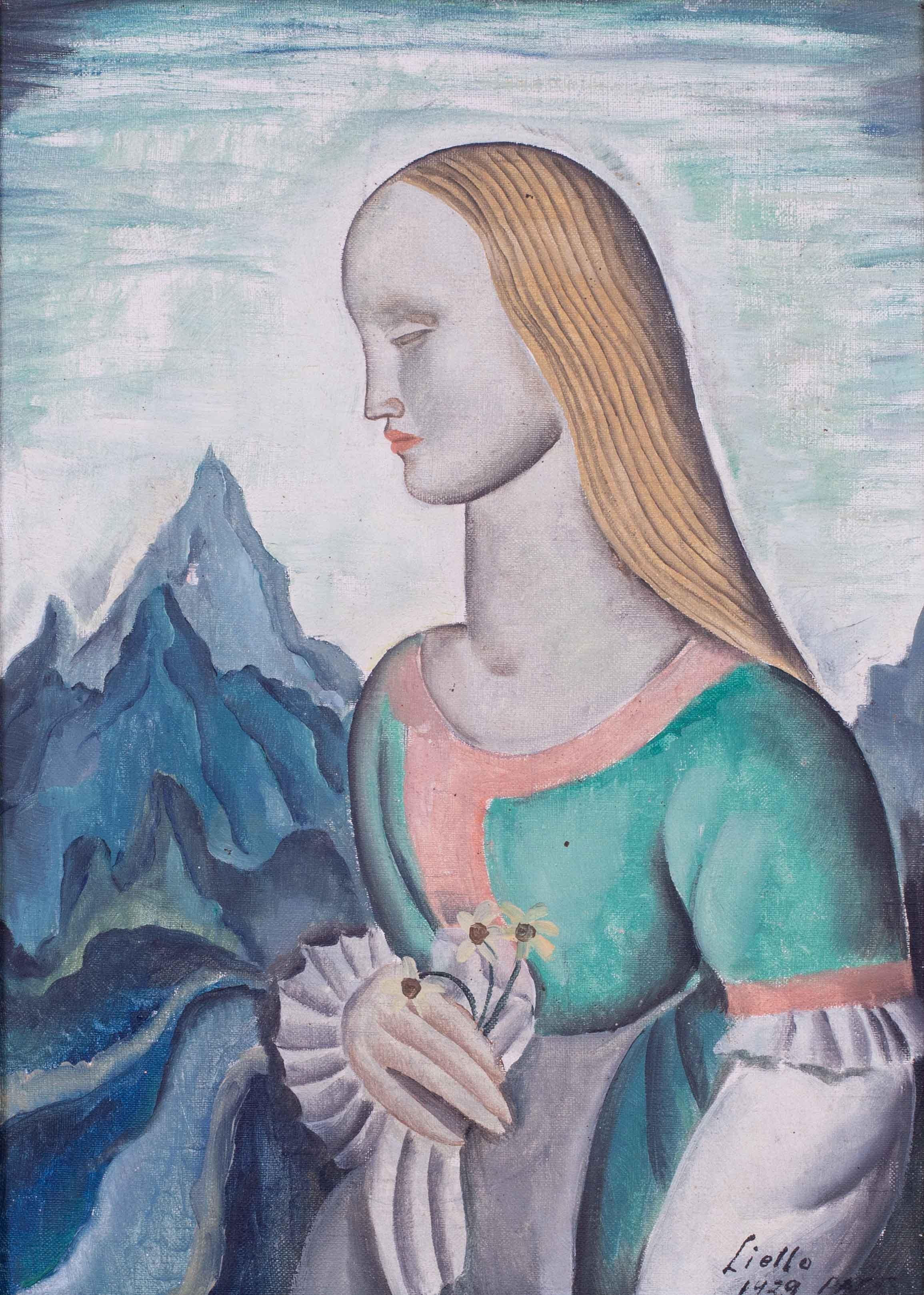 1929 art deco Oil painting of a lady by Italian / American artist Liello - Painting by Giuseppe (John) Liello