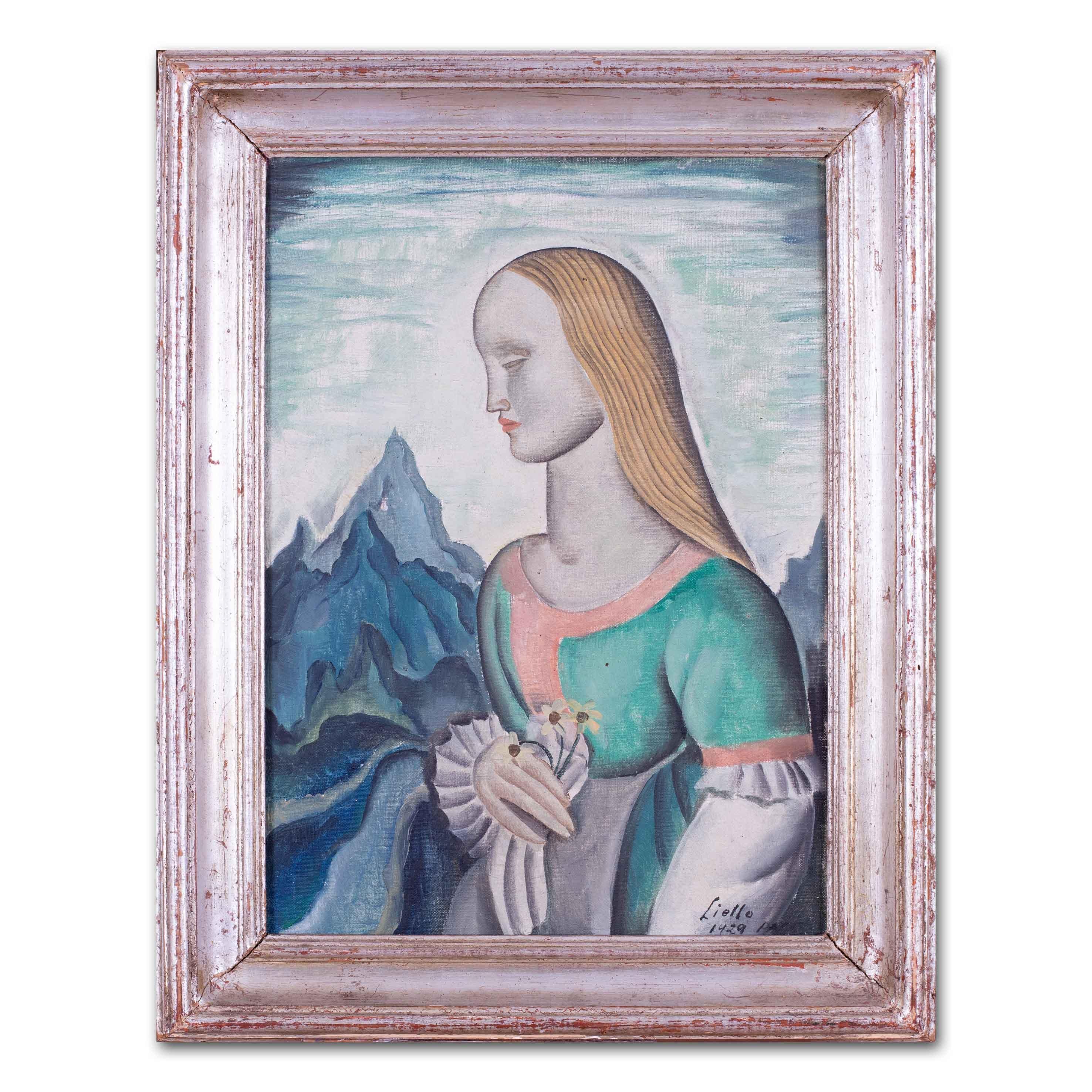 1929 art deco Oil painting of a lady by Italian / American artist Liello - Gray Figurative Painting by Giuseppe (John) Liello