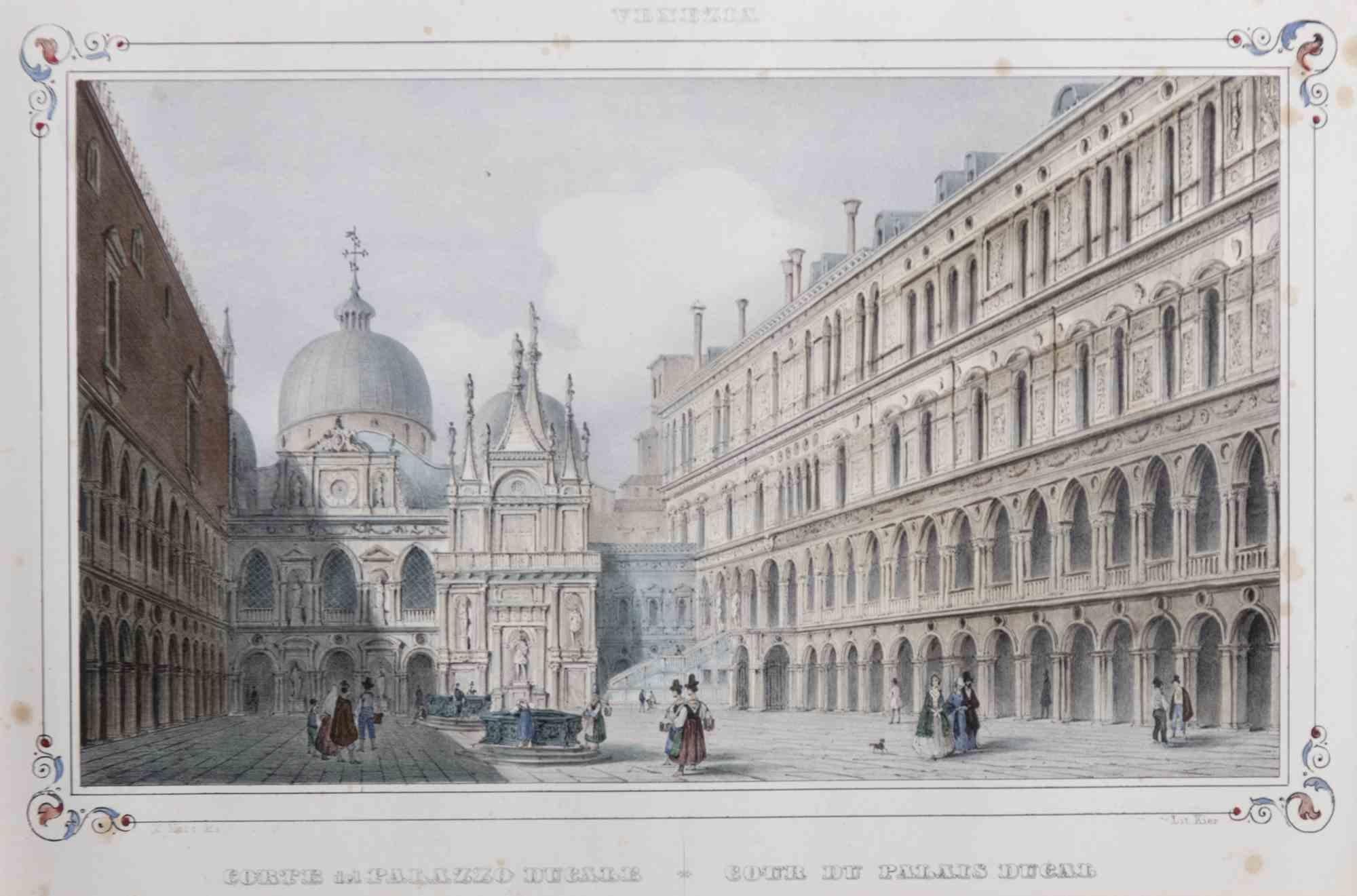 Doge's Palace in Venice is an original artwork realized in the mid 19th century by Giuseppe Kier.

Mixed colored lithograph.

Framed.

Good conditions except for some stains.

 A beautiful old view of the Doge Palace in this beautiful italian