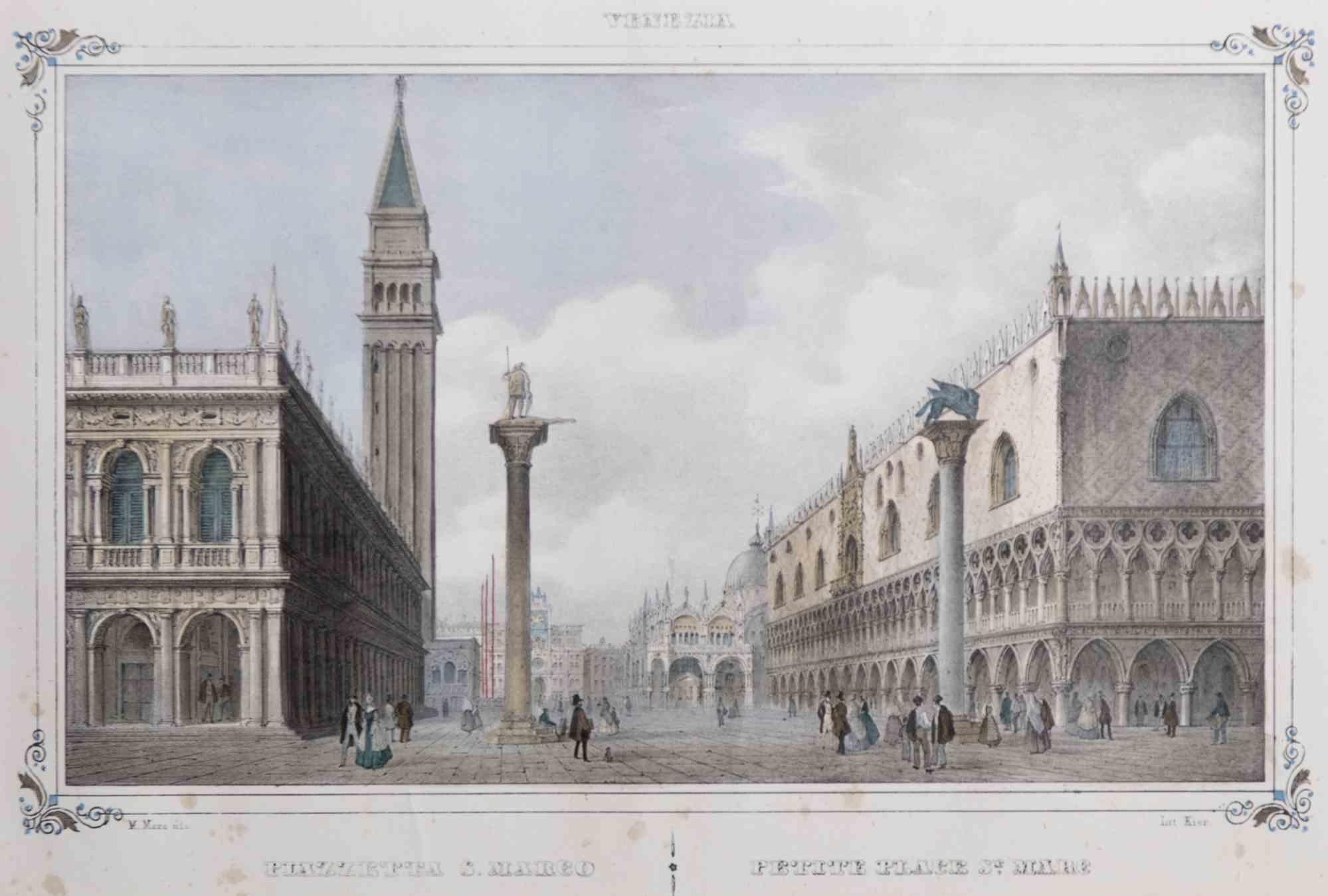 Venice, quadratisches „Mark''-square – Lithographie von Giuseppe Kier – 19. Jahrhundert