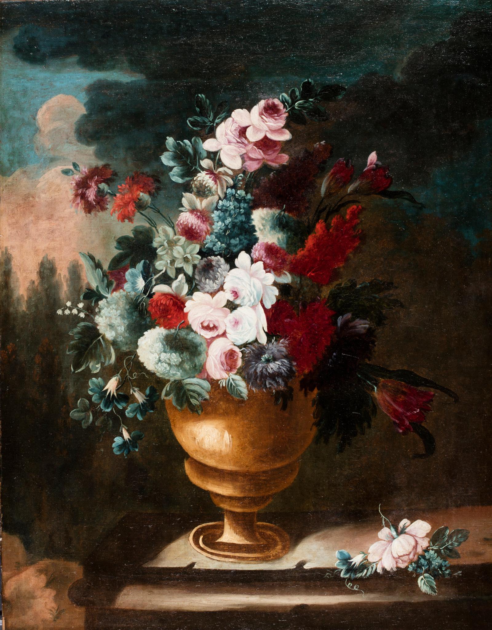 Giuseppe Lavagna, Italian oil on canvas still life with vase and flower

The painting, of beautiful workmanship and in good condition, represents a sumptuous composition of flowers that adorns a copper vase. The still life rests on a stone