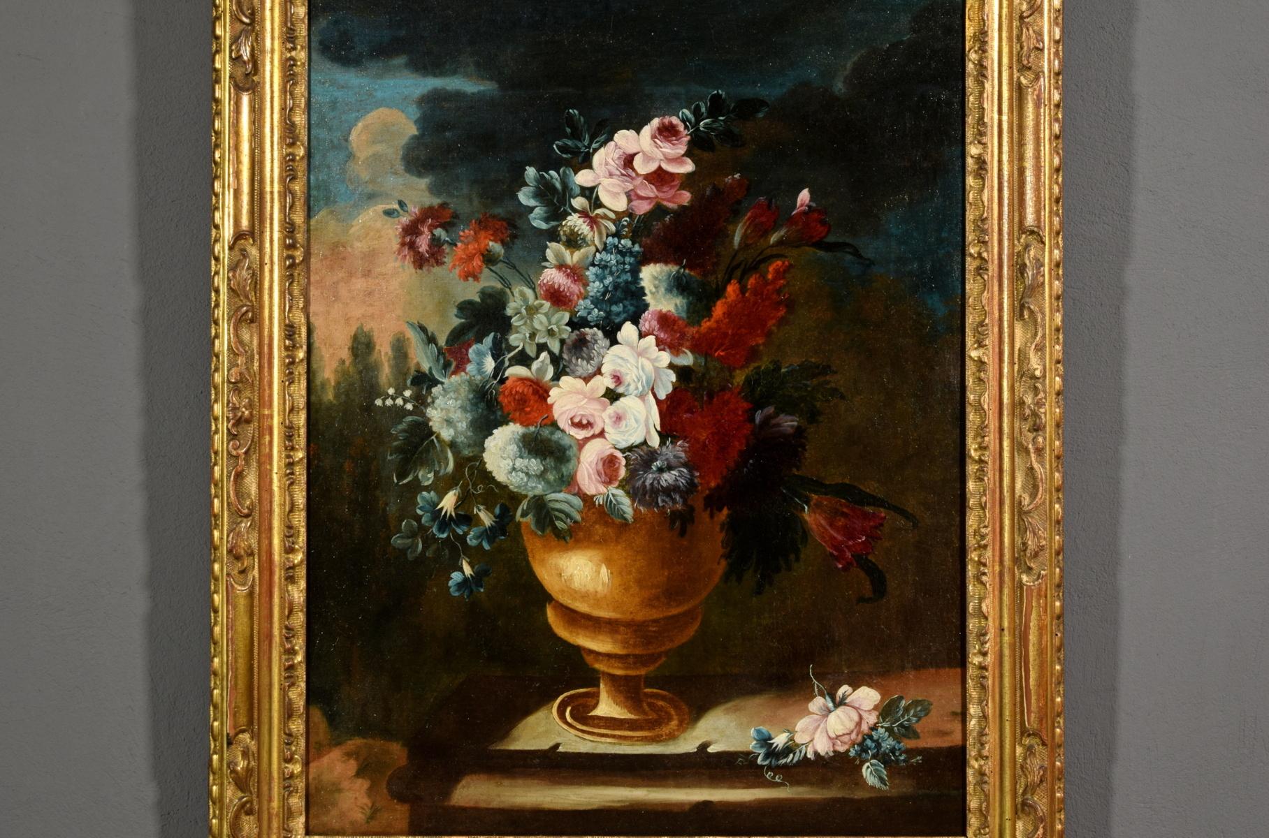Baroque Giuseppe Lavagna, Italian Oil on Canvas Still Life with Vase and Flower
