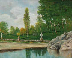 Garden View Oil Painting on Paper, Realist, Signed, Framed, 1916